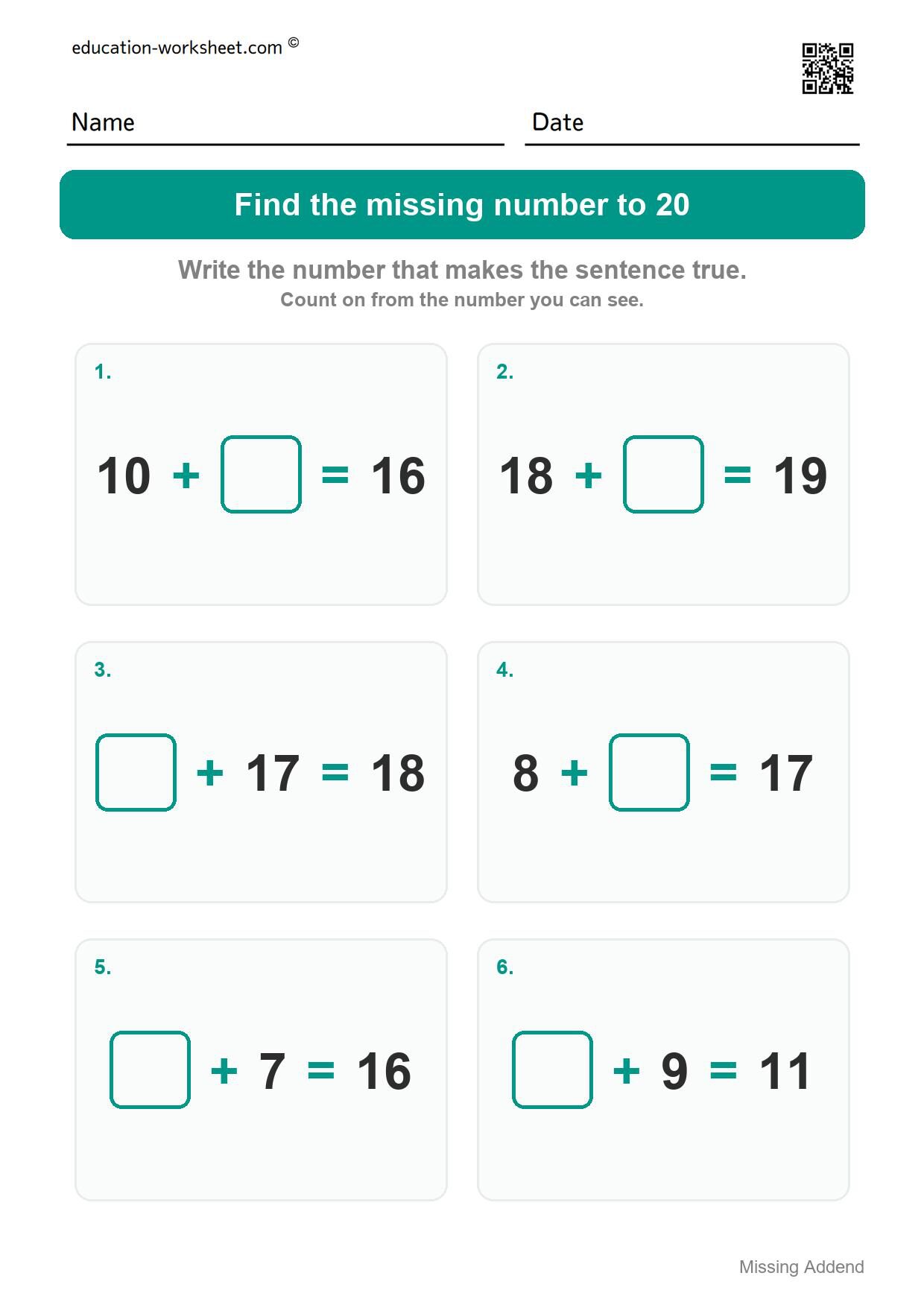Find the missing number to 20 (Set 9) - Free Missing Addend Worksheets for Kindergarten - Sums to 20
