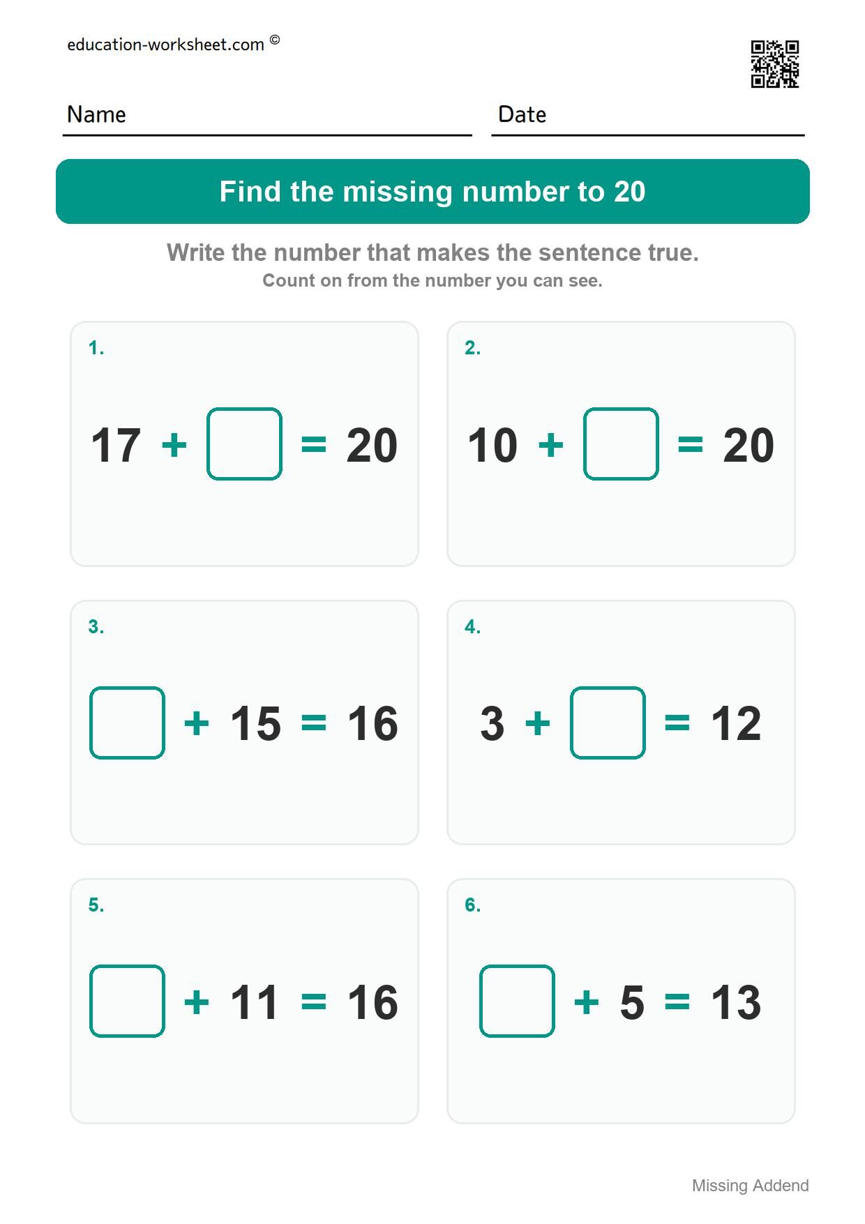 Find the missing number to 20 (Set 10) - Free Missing Addend Worksheets for Kindergarten - Sums to 20