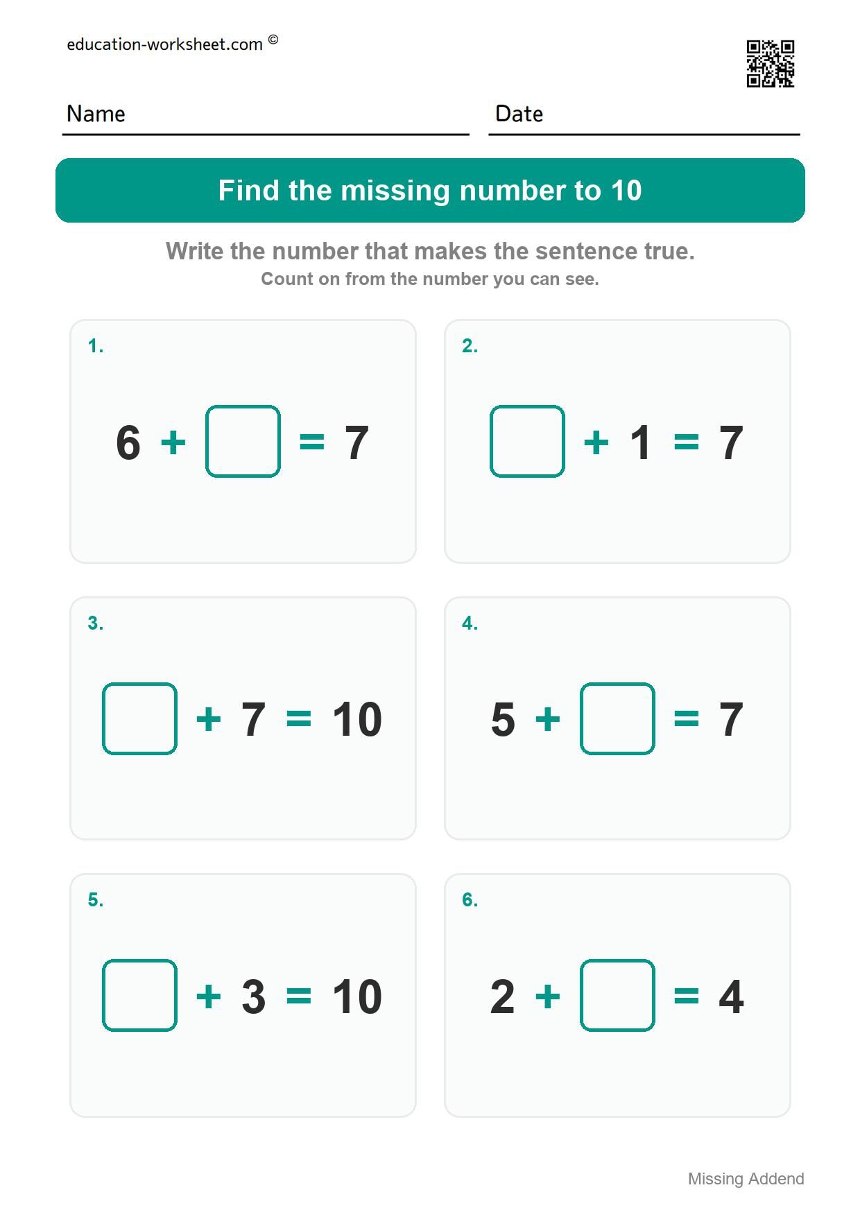 Find the missing number to 10 (Set 2) - Free Missing Addend Worksheets for Kindergarten - Sums to 20