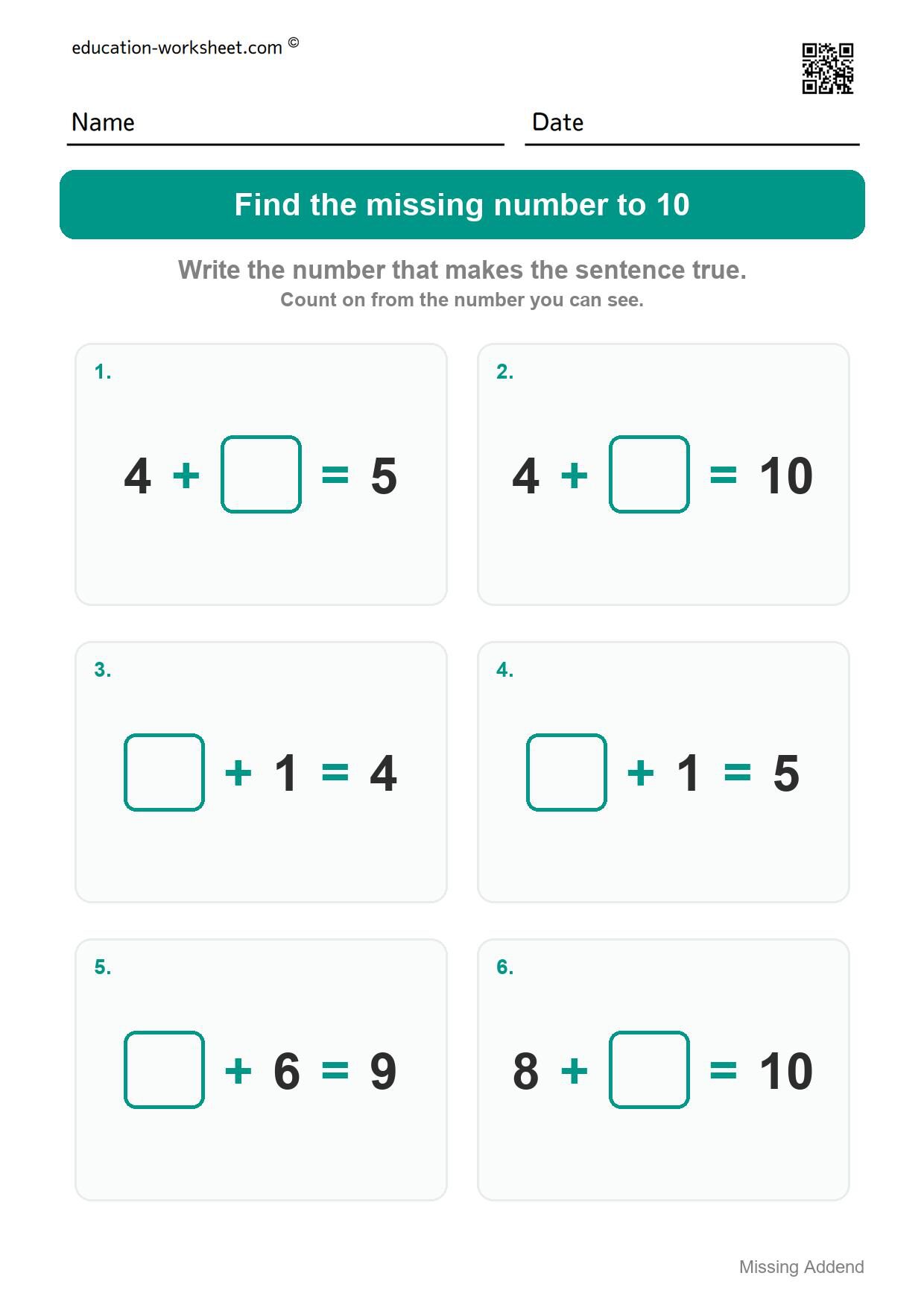 Find the missing number to 10 (Set 3) - Free Missing Addend Worksheets for Kindergarten - Sums to 20