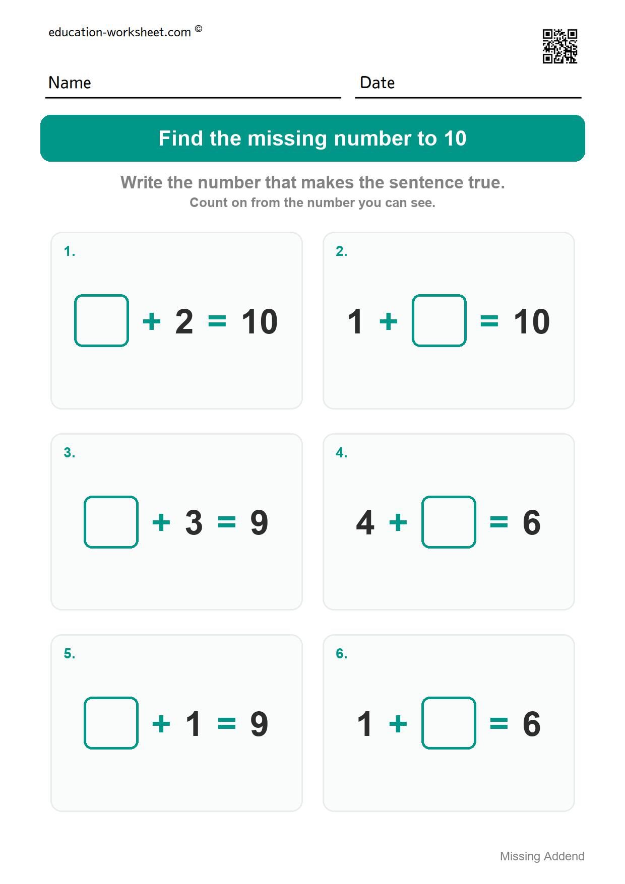 Find the missing number to 10 (Set 4) - Free Missing Addend Worksheets for Kindergarten - Sums to 20