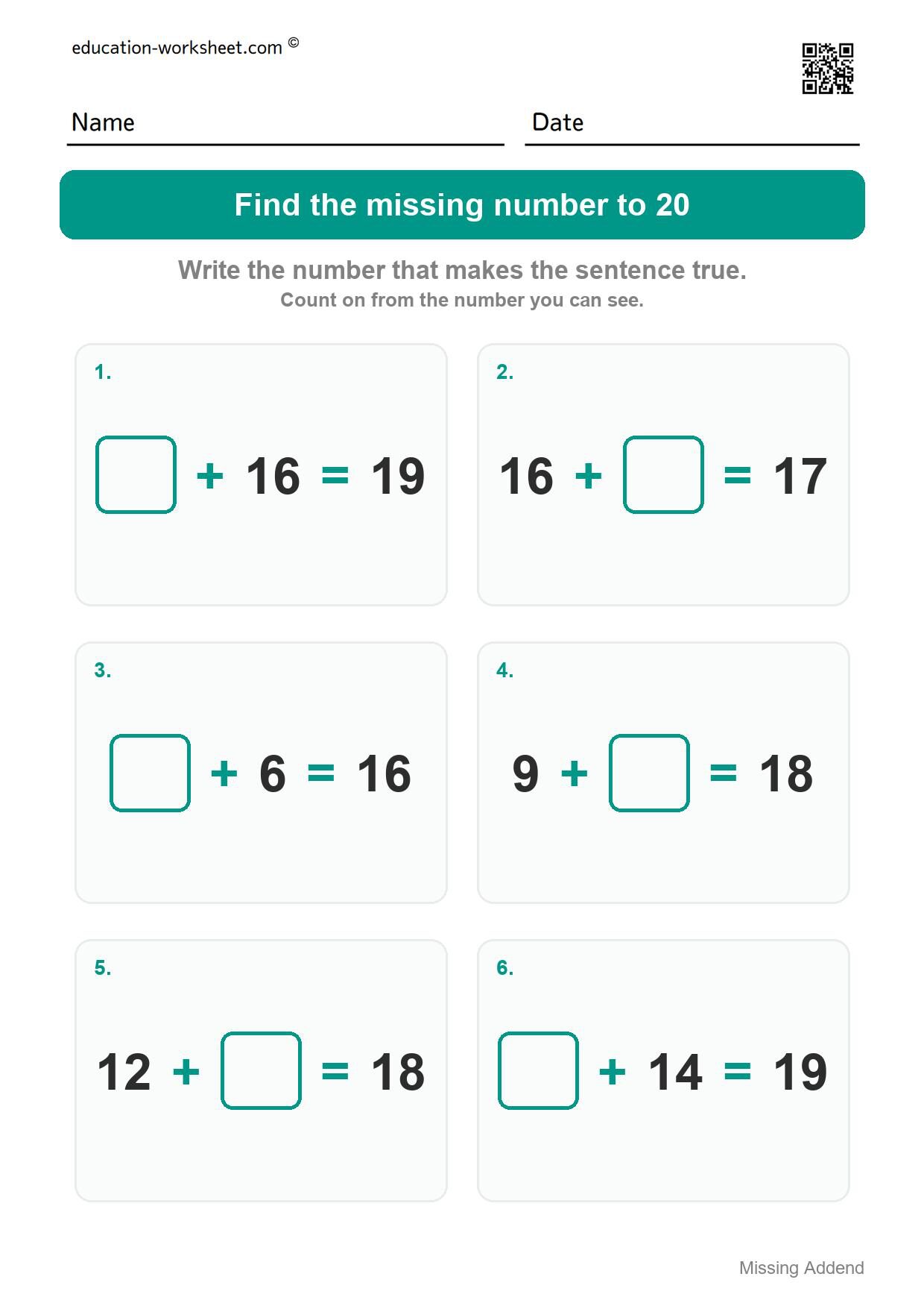 Find the missing number to 20 (Set 5) - Free Missing Addend Worksheets for Kindergarten - Sums to 20