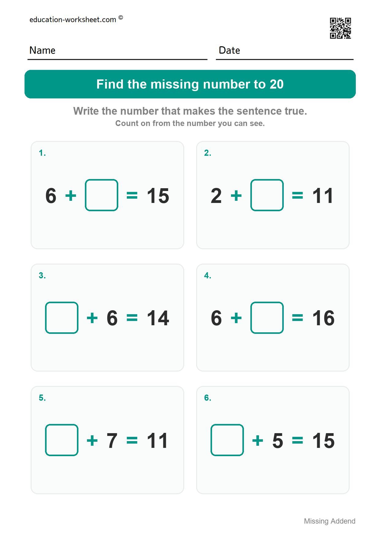 Find the missing number to 20 (Set 6) - Free Missing Addend Worksheets for Kindergarten - Sums to 20