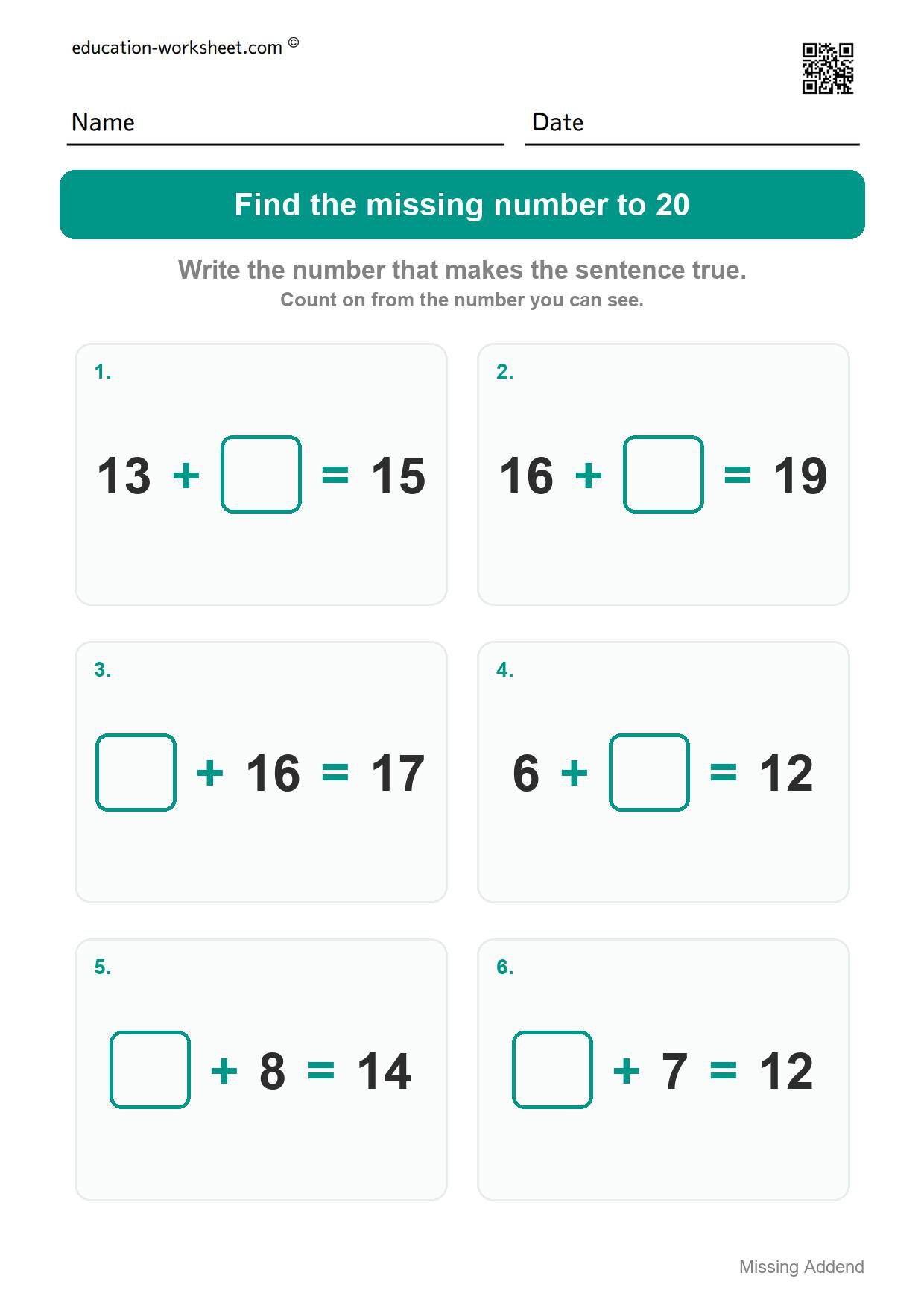 Find the missing number to 20 (Set 7) - Free Missing Addend Worksheets for Kindergarten - Sums to 20