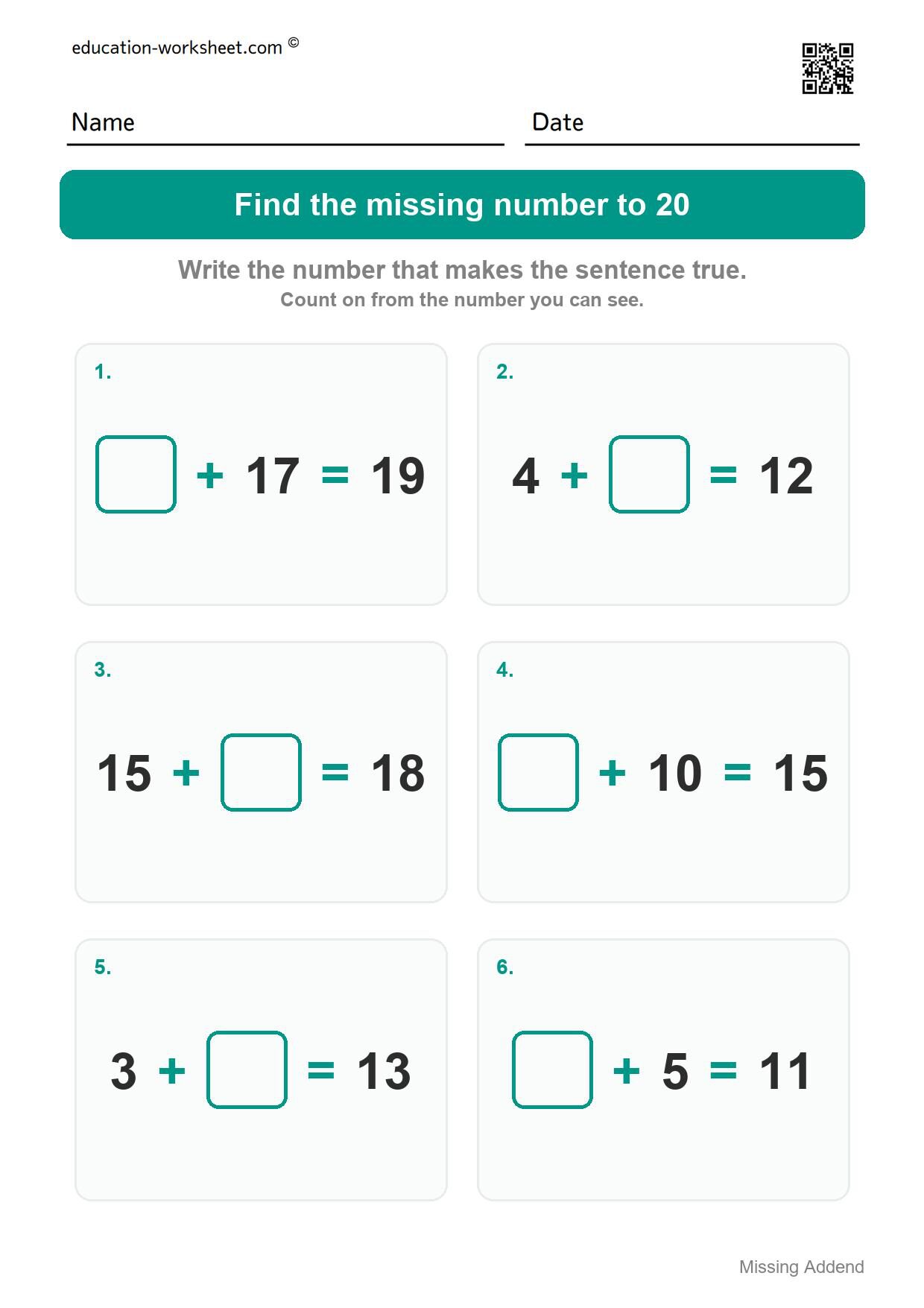 Find the missing number to 20 (Set 8) - Free Missing Addend Worksheets for Kindergarten - Sums to 20