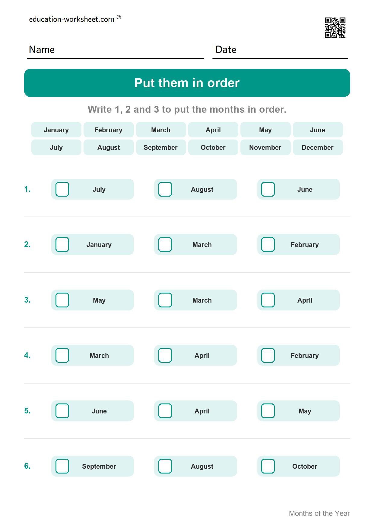 Put them in order (Set 9) - Free Months of the Year Worksheets for Kindergarten