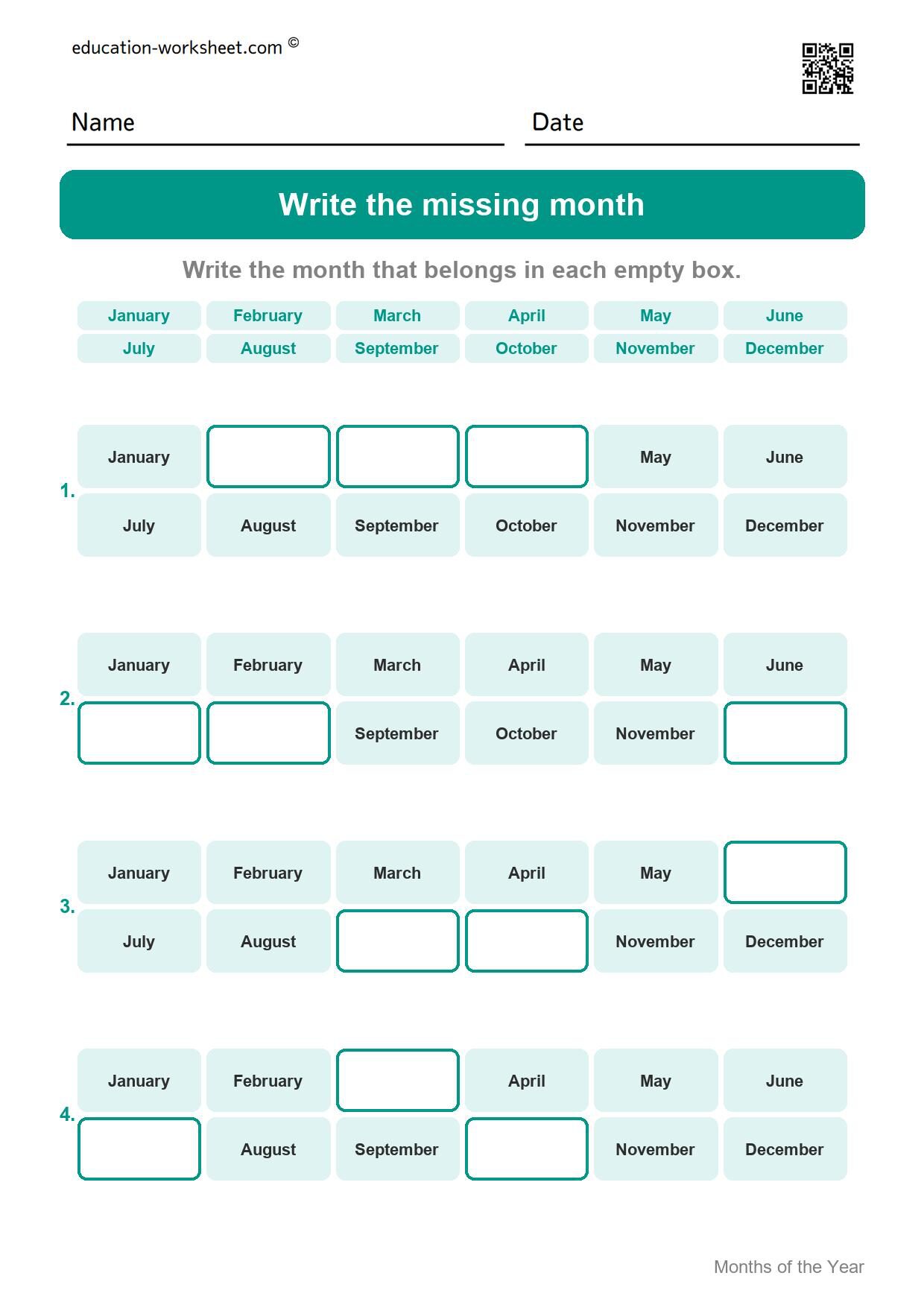 Write the missing month (Set 11) - Free Months of the Year Worksheets for Kindergarten