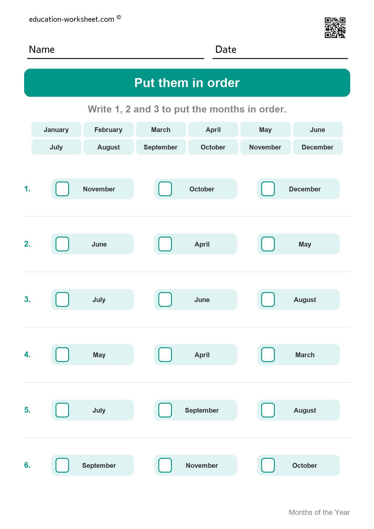 Put them in order (Set 12) - Free Months of the Year Worksheets for Kindergarten