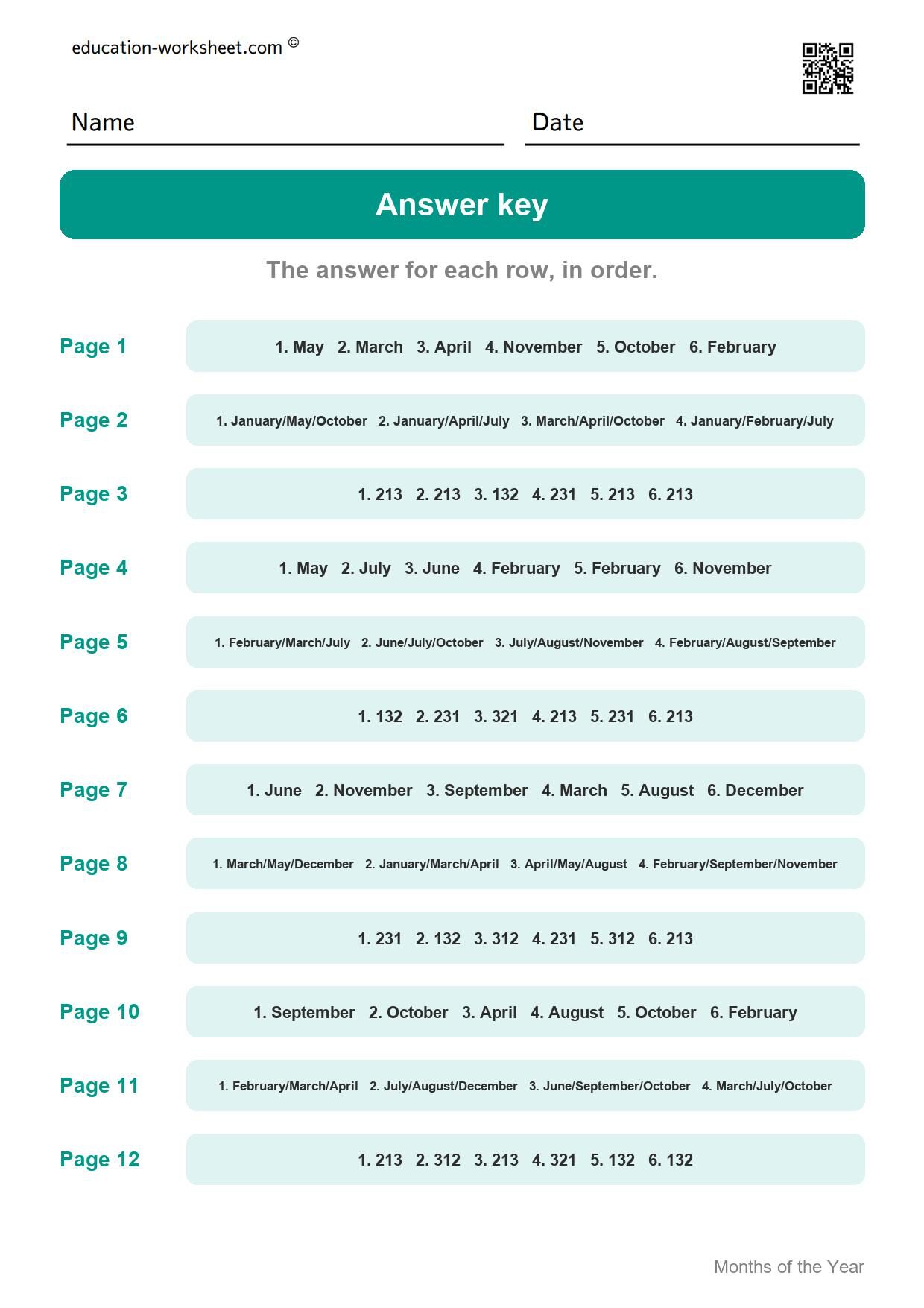 Answer key - all 12 pages - Free Months of the Year Worksheets for Kindergarten