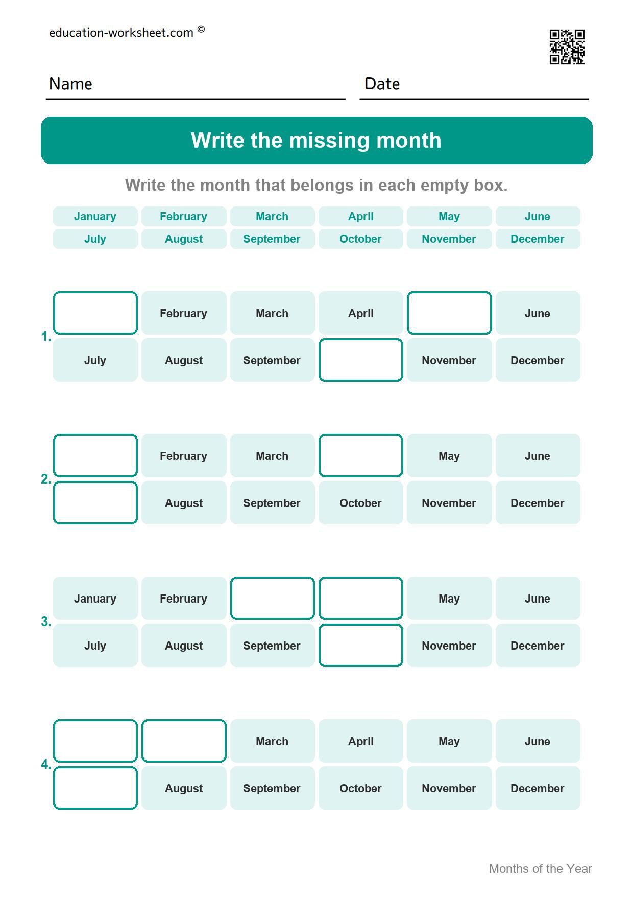 Write the missing month (Set 2) - Free Months of the Year Worksheets for Kindergarten
