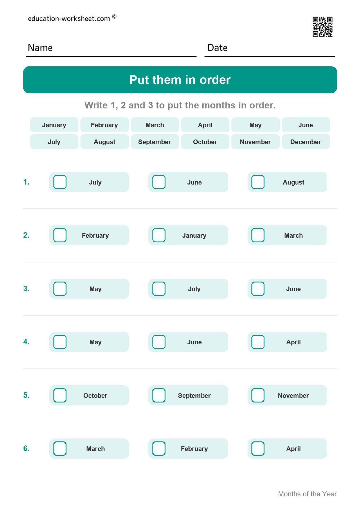 Put them in order (Set 3) - Free Months of the Year Worksheets for Kindergarten