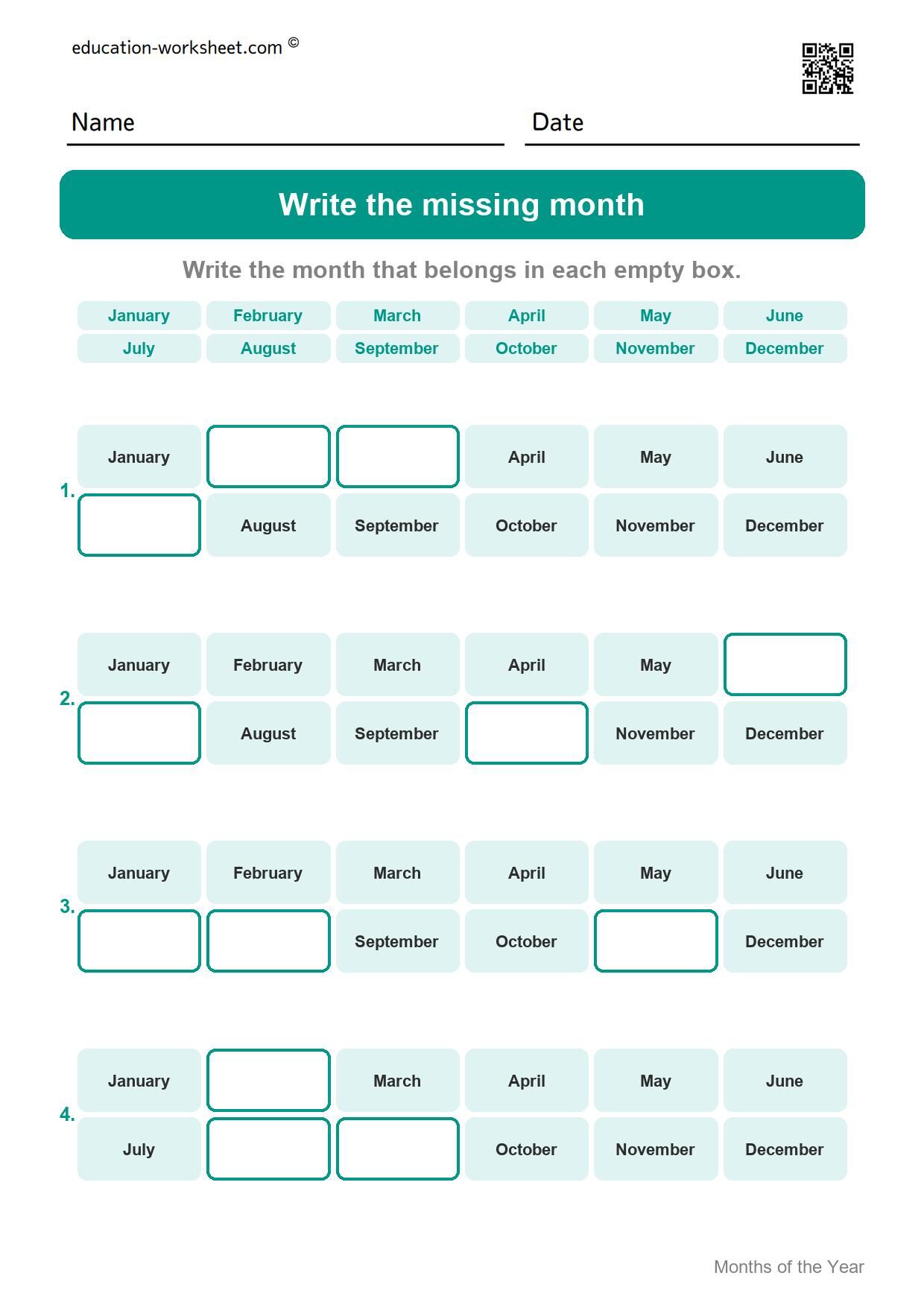 Write the missing month (Set 5) - Free Months of the Year Worksheets for Kindergarten