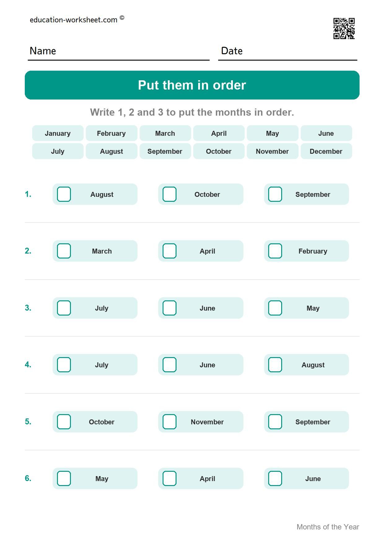 Put them in order (Set 6) - Free Months of the Year Worksheets for Kindergarten