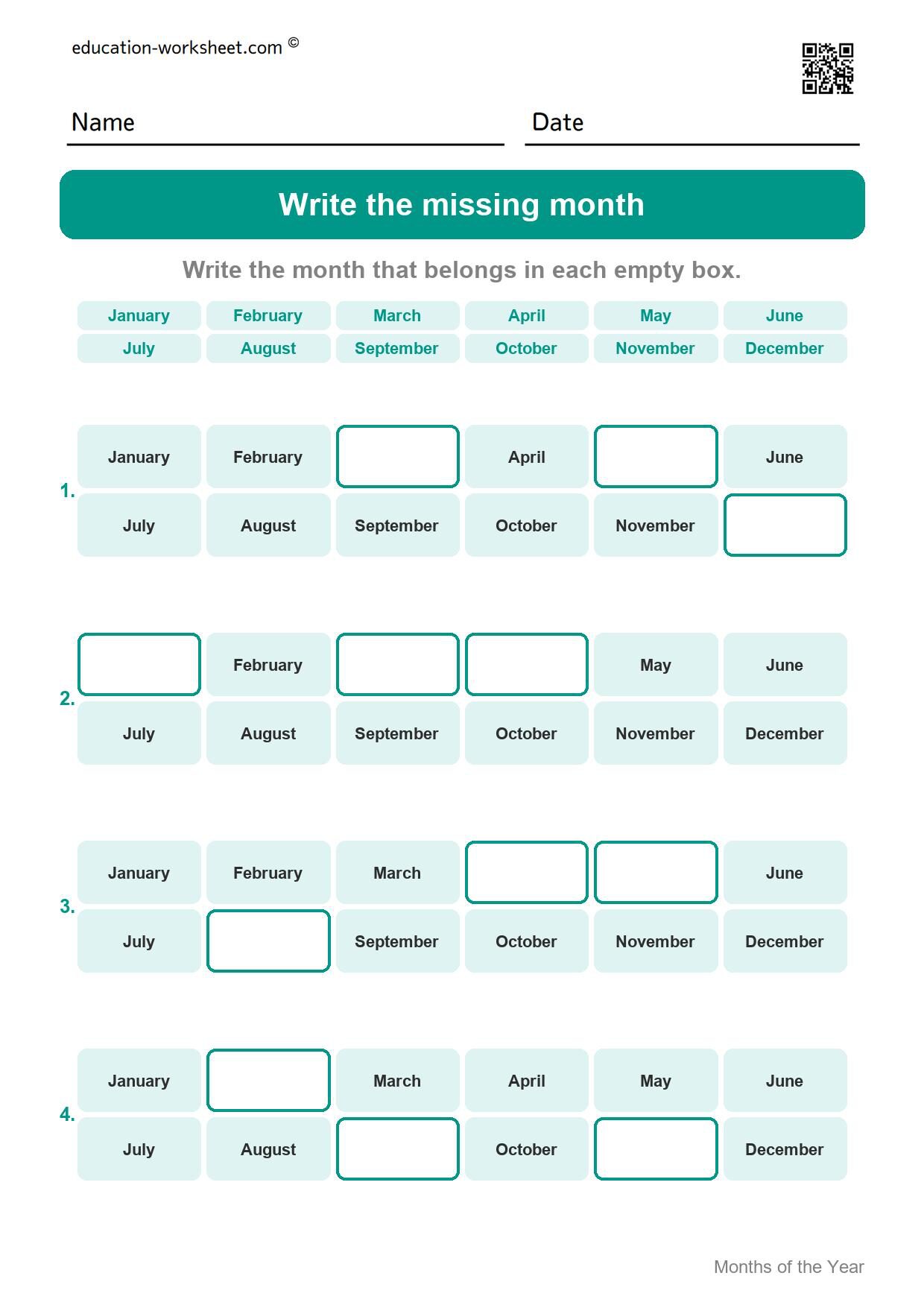 Write the missing month (Set 8) - Free Months of the Year Worksheets for Kindergarten