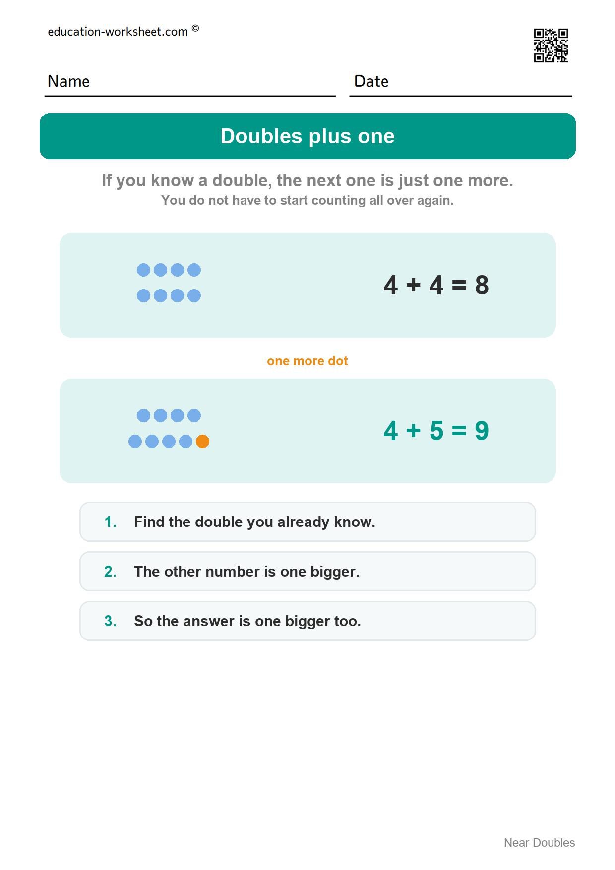 How doubles plus one works - Free Near Doubles Worksheets for Kindergarten - Doubles Plus One