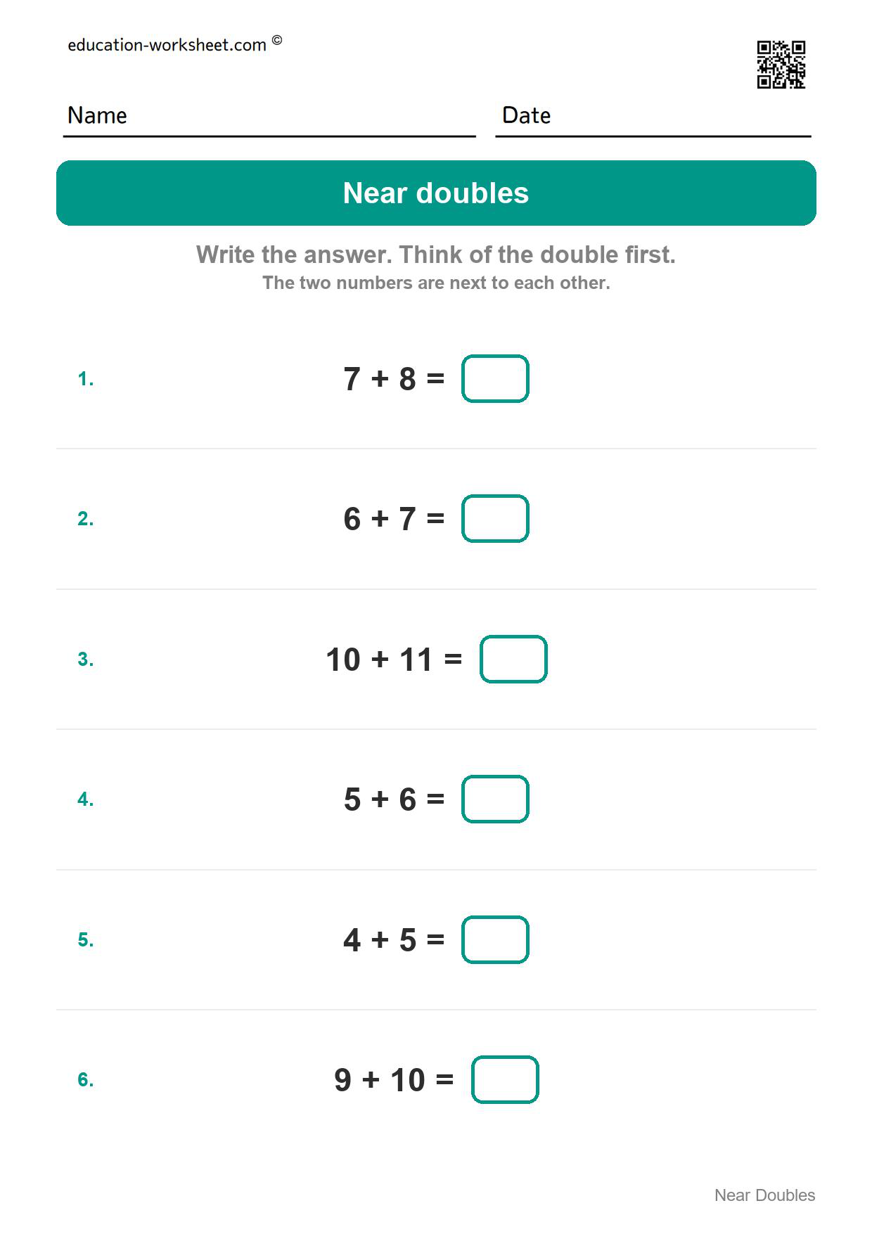 Near doubles (Set 9) - Free Near Doubles Worksheets for Kindergarten - Doubles Plus One