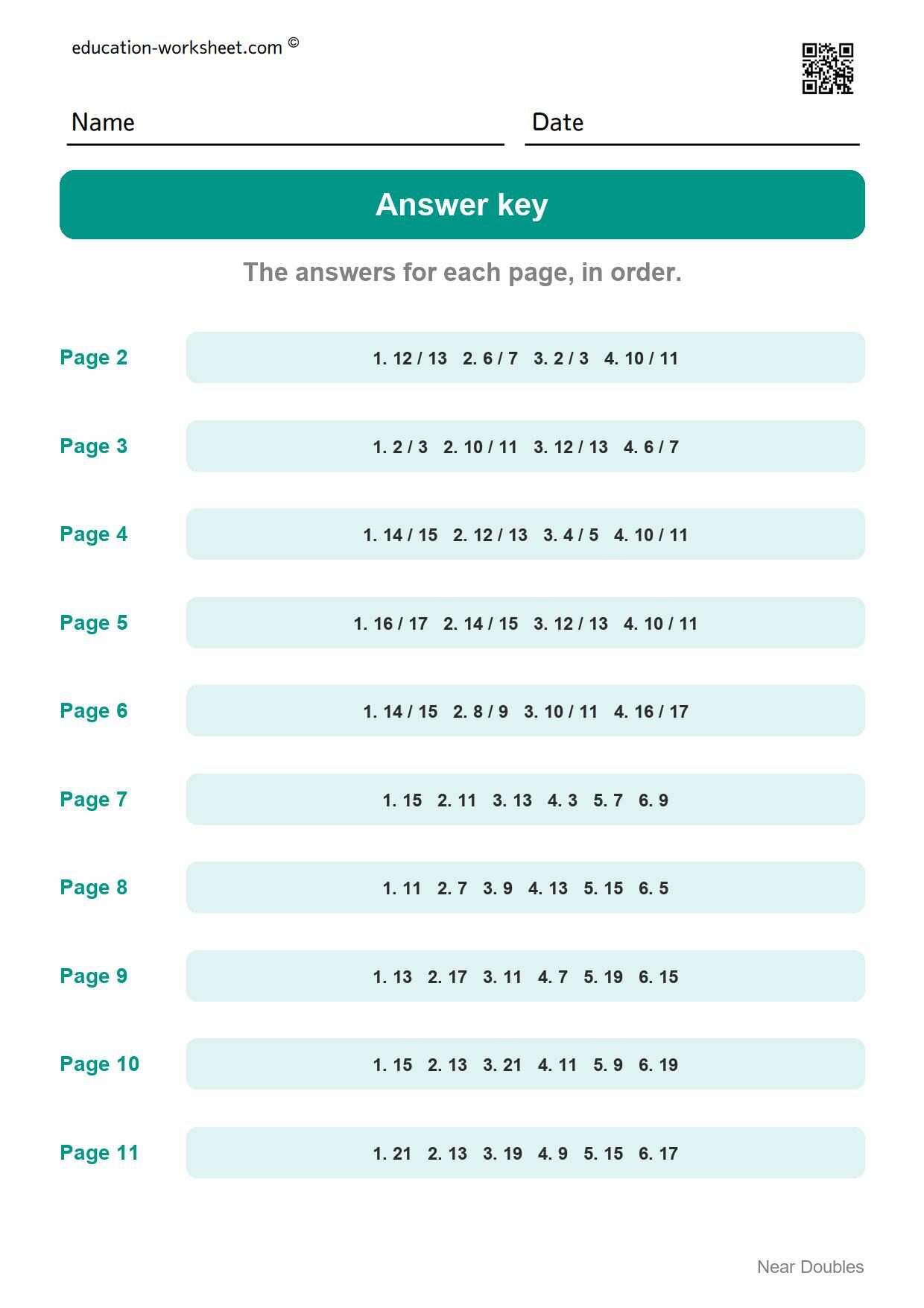 Answer key - all 10 pages - Free Near Doubles Worksheets for Kindergarten - Doubles Plus One