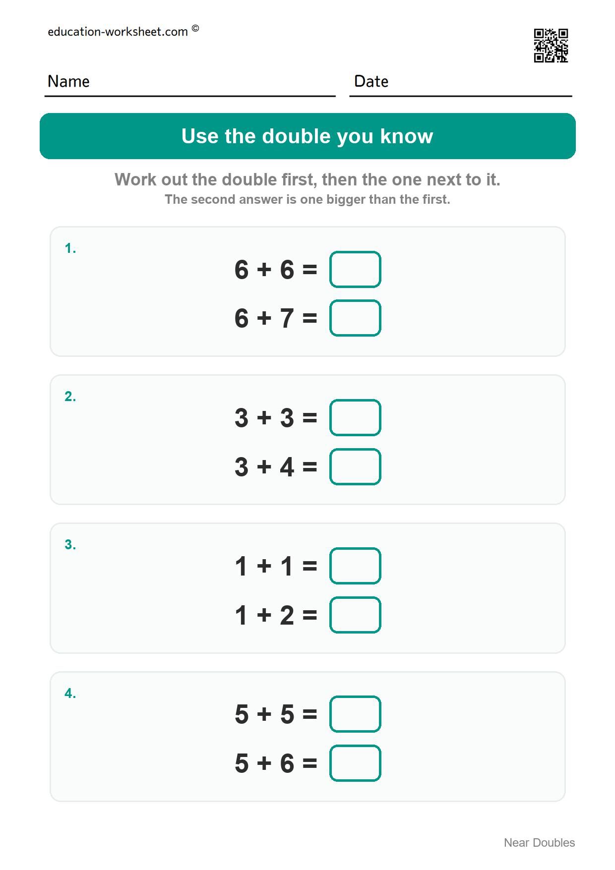 Use the double you know (Set 1) - Free Near Doubles Worksheets for Kindergarten - Doubles Plus One