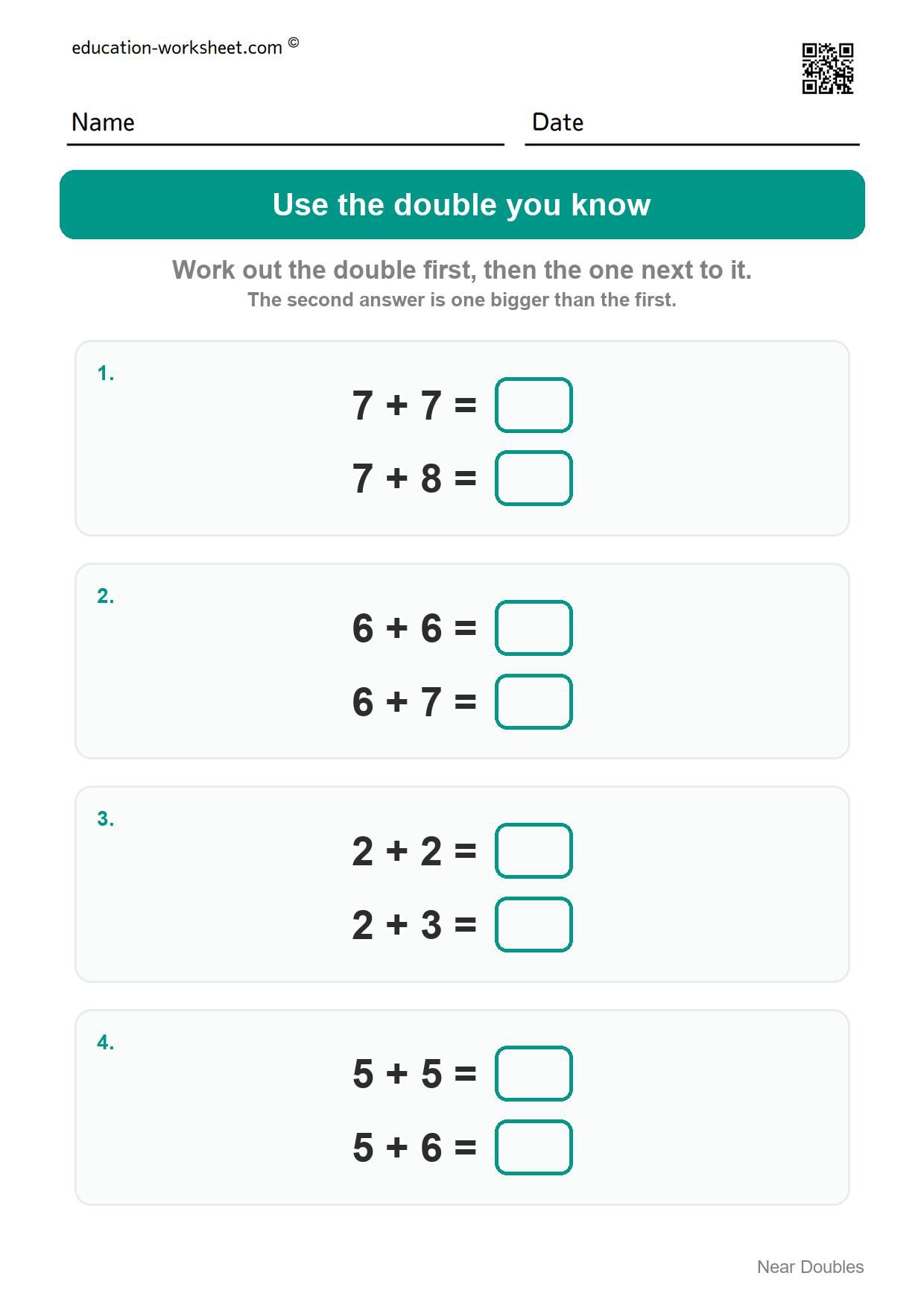 Use the double you know (Set 3) - Free Near Doubles Worksheets for Kindergarten - Doubles Plus One