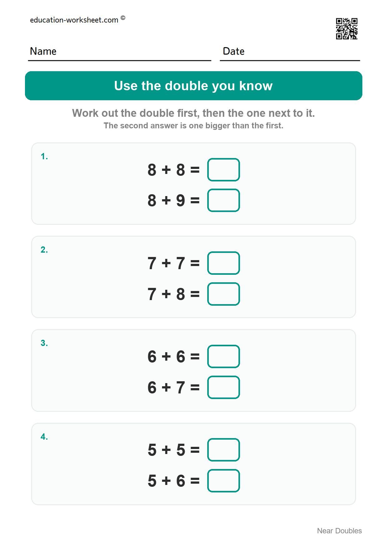 Use the double you know (Set 4) - Free Near Doubles Worksheets for Kindergarten - Doubles Plus One