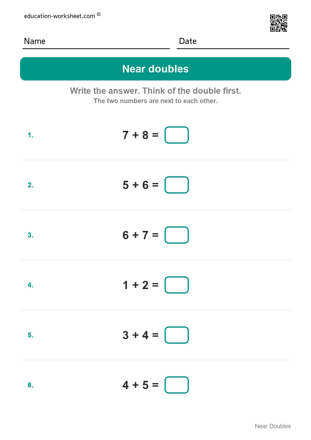 Near doubles (Set 6) - Free Near Doubles Worksheets for Kindergarten - Doubles Plus One