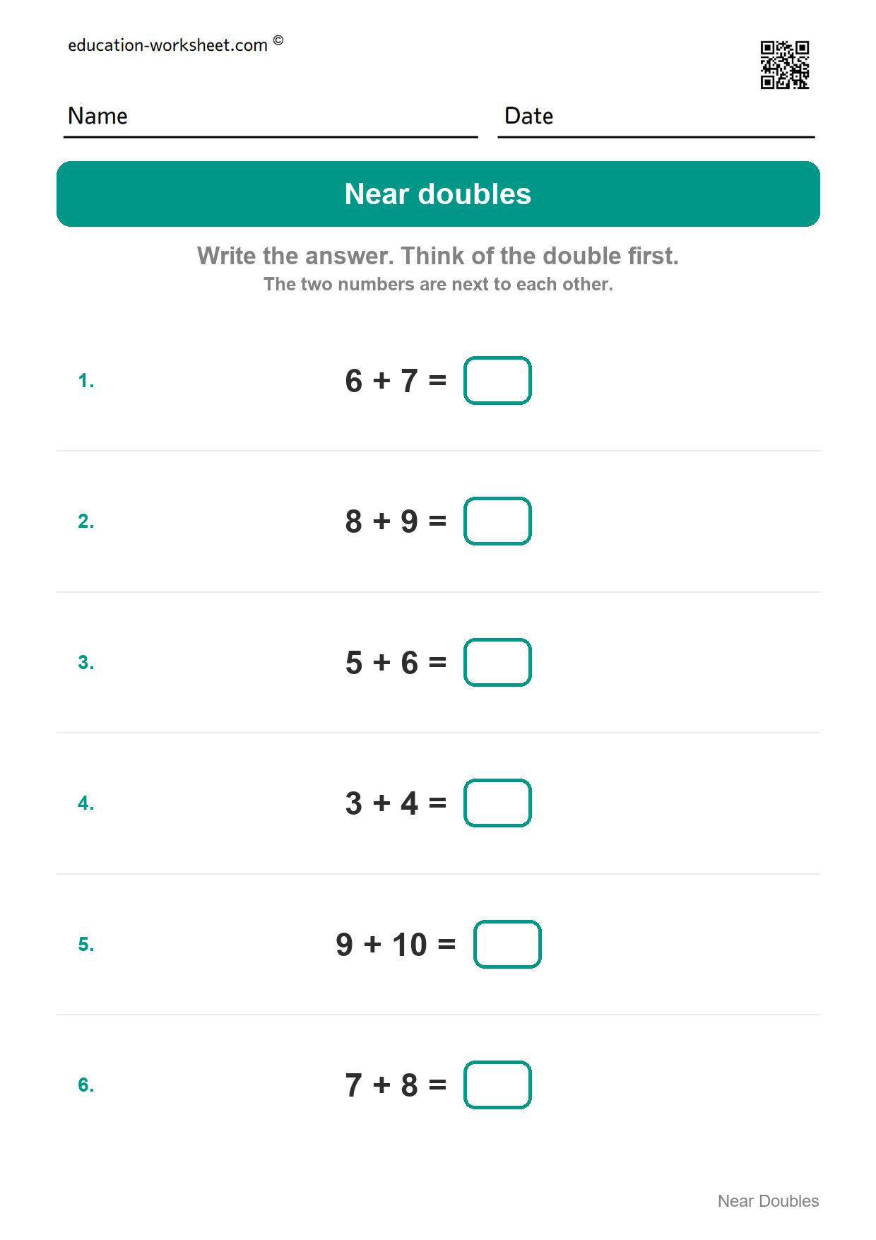 Near doubles (Set 8) - Free Near Doubles Worksheets for Kindergarten - Doubles Plus One