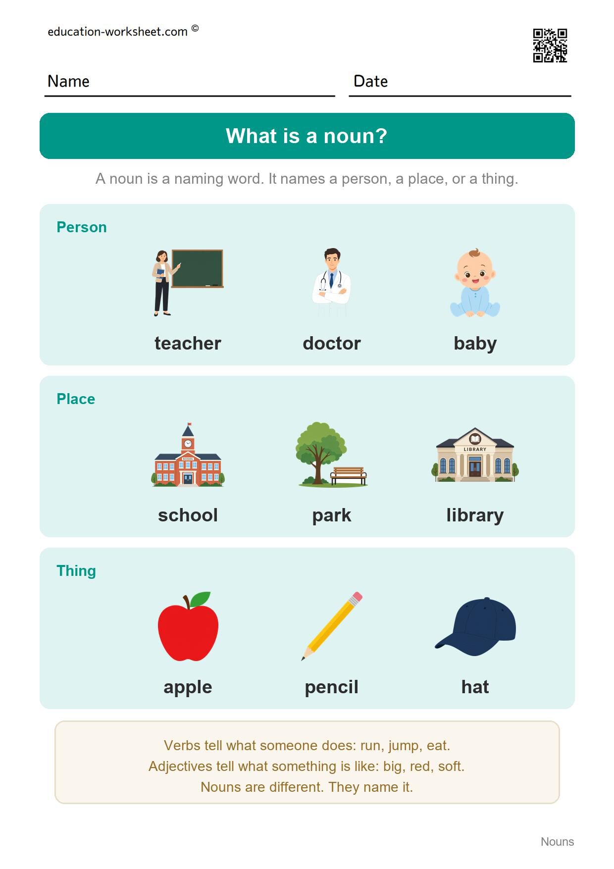 What is a noun? (start here) - Free Nouns Worksheets for Kindergarten - Person, Place or Thing
