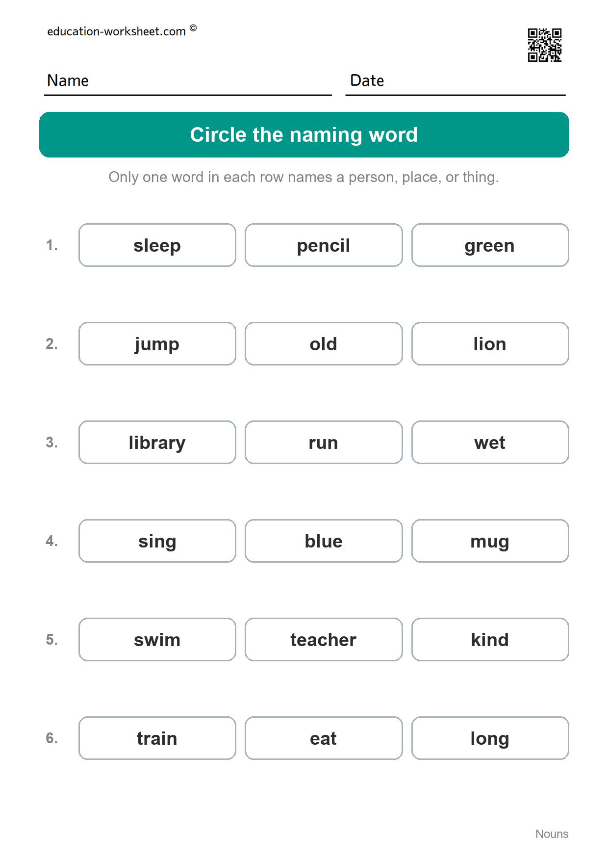 Circle the naming word (Set 9) - Free Nouns Worksheets for Kindergarten - Person, Place or Thing