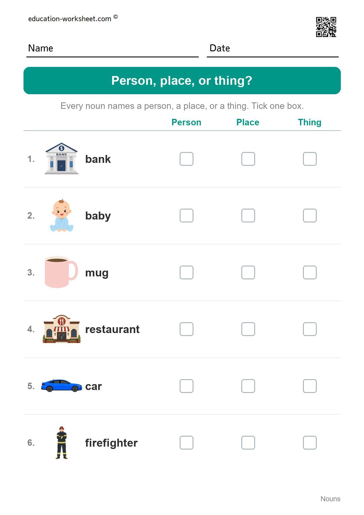 Person, place, or thing? (Set 10) - Free Nouns Worksheets for Kindergarten - Person, Place or Thing