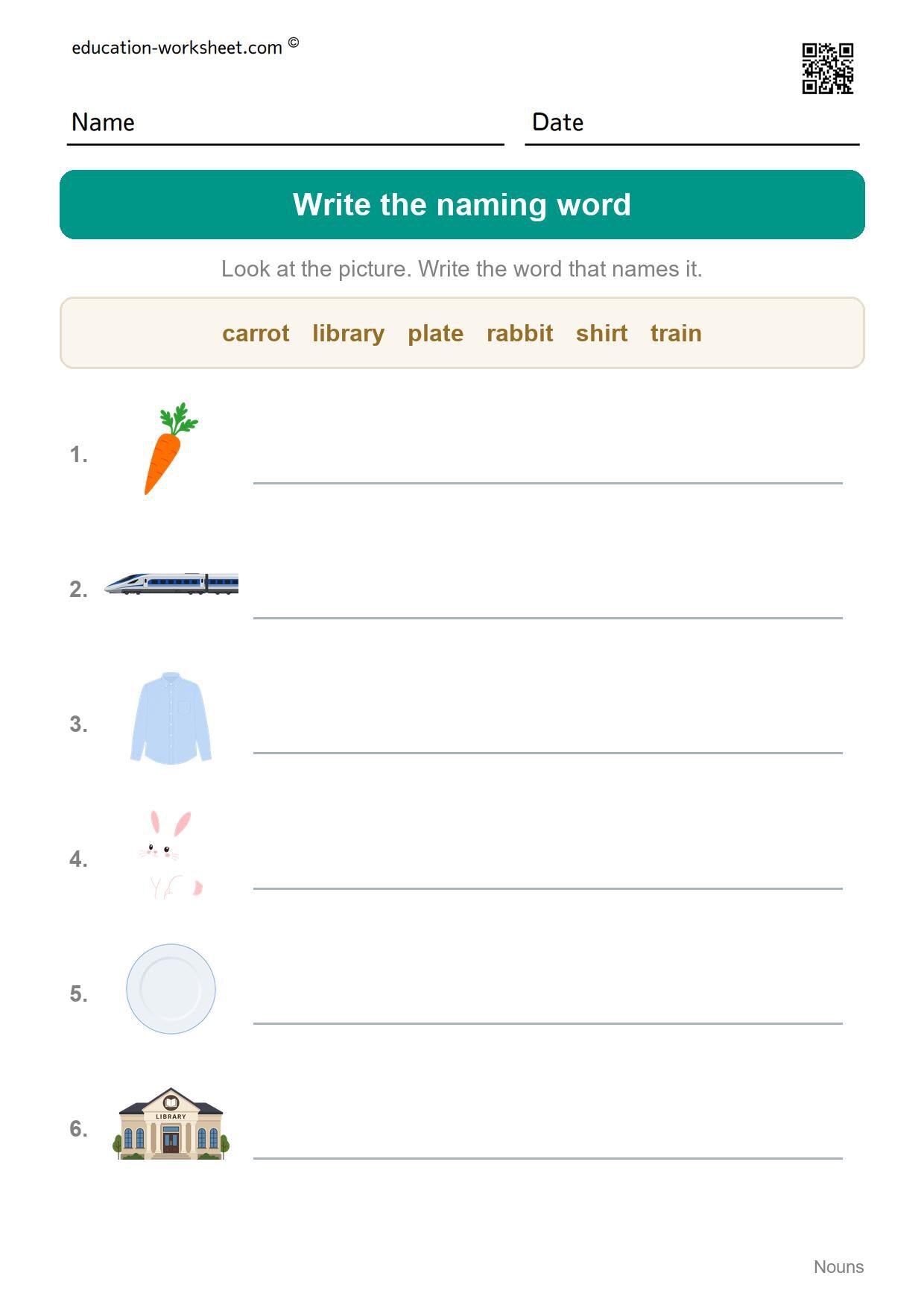 Write the naming word (Set 12) - Free Nouns Worksheets for Kindergarten - Person, Place or Thing