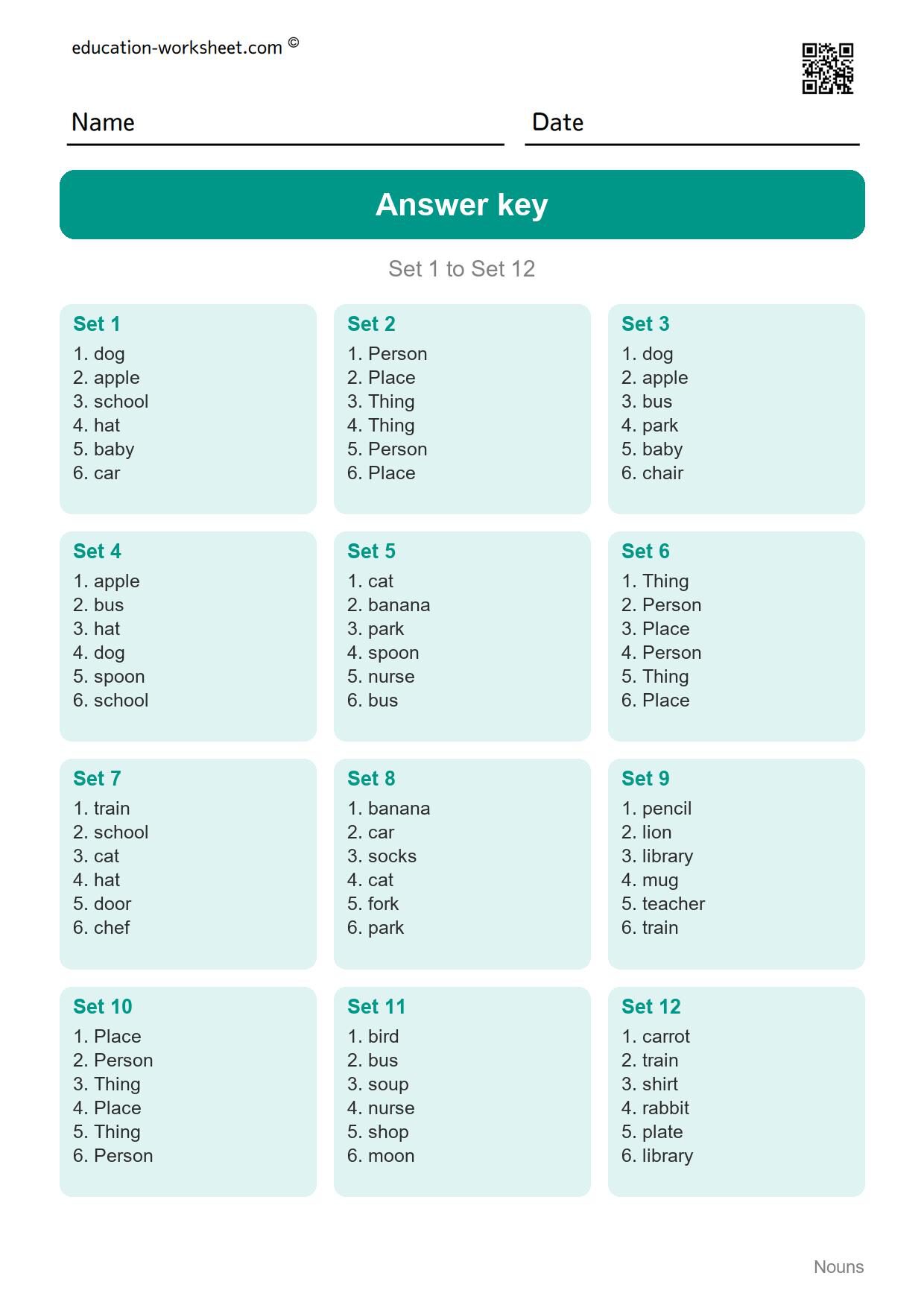 Answer key - Free Nouns Worksheets for Kindergarten - Person, Place or Thing