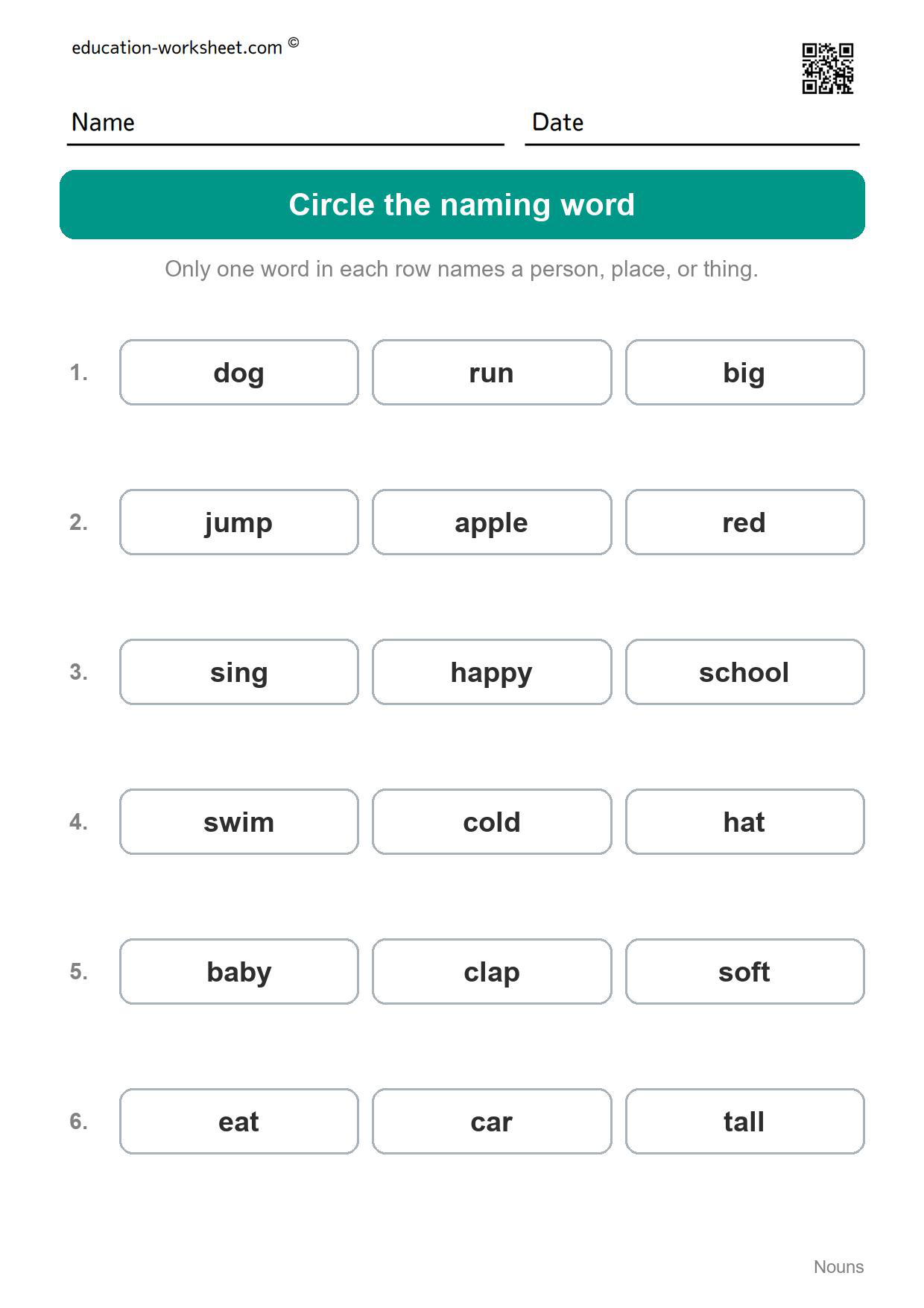 Circle the naming word (Set 1) - Free Nouns Worksheets for Kindergarten - Person, Place or Thing