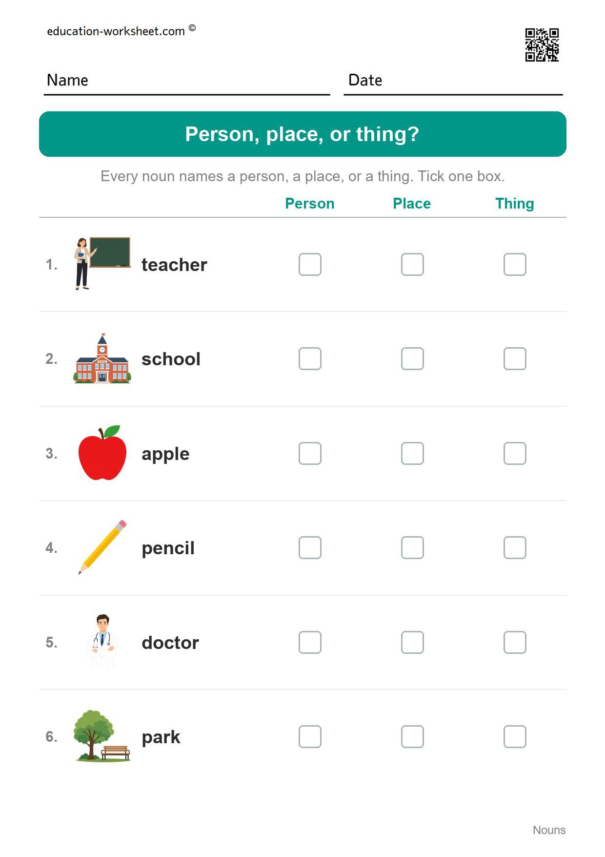 Person, place, or thing? (Set 2) - Free Nouns Worksheets for Kindergarten - Person, Place or Thing
