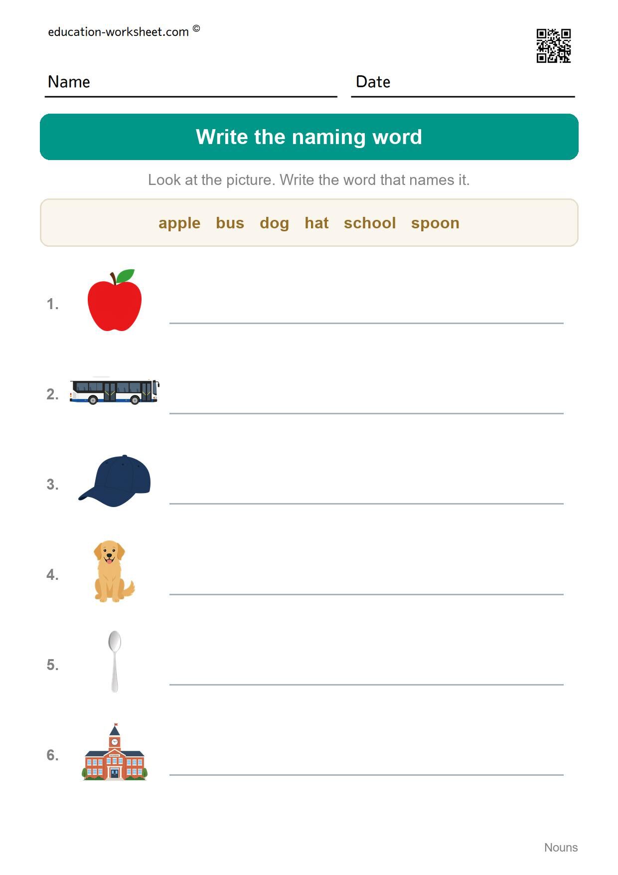Write the naming word (Set 4) - Free Nouns Worksheets for Kindergarten - Person, Place or Thing