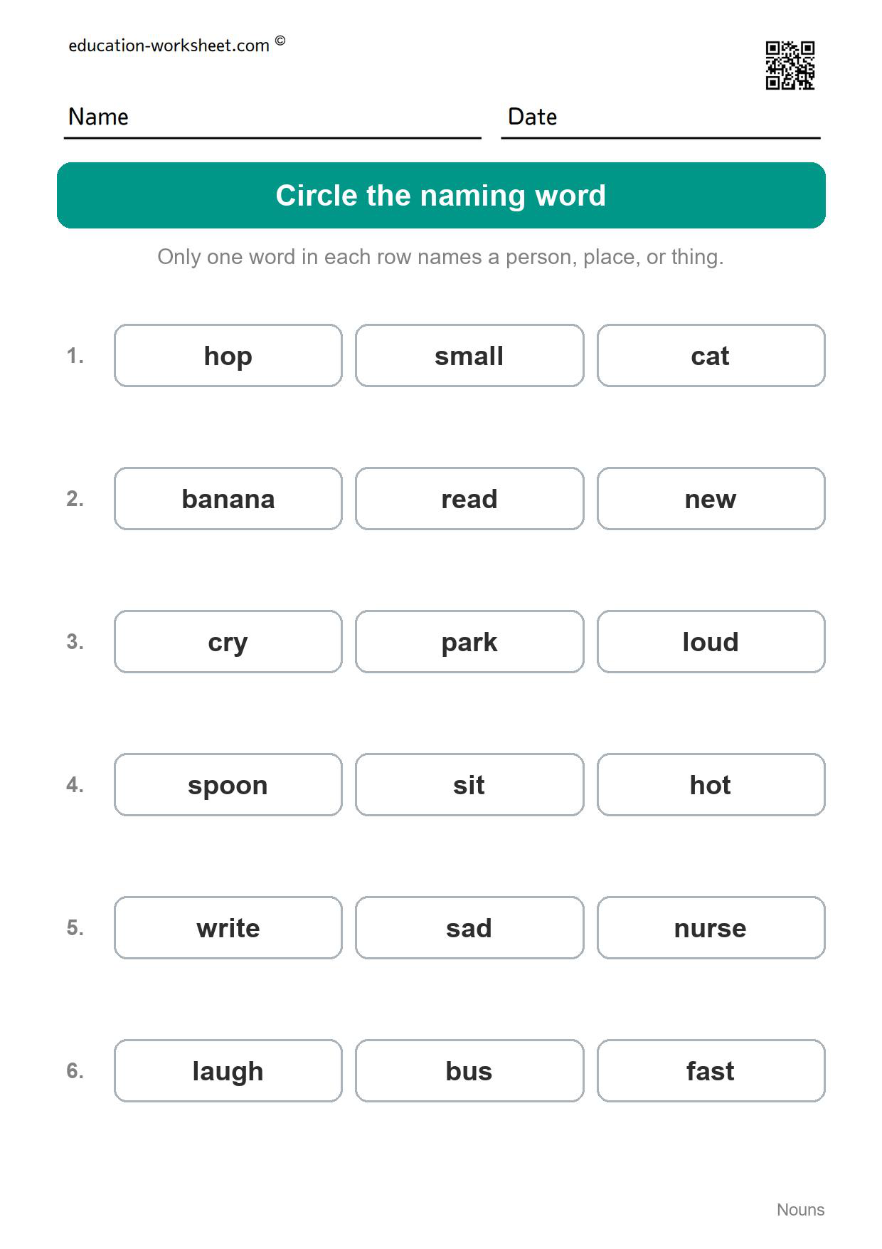Circle the naming word (Set 5) - Free Nouns Worksheets for Kindergarten - Person, Place or Thing