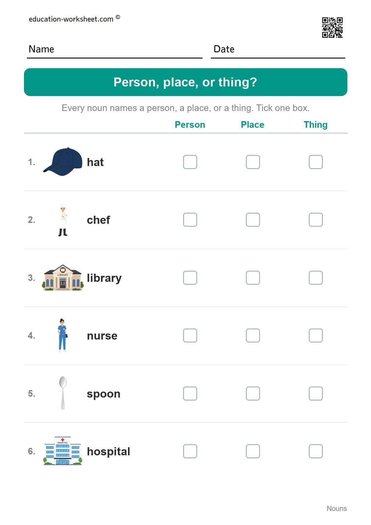Person, place, or thing? (Set 6) - Free Nouns Worksheets for Kindergarten - Person, Place or Thing
