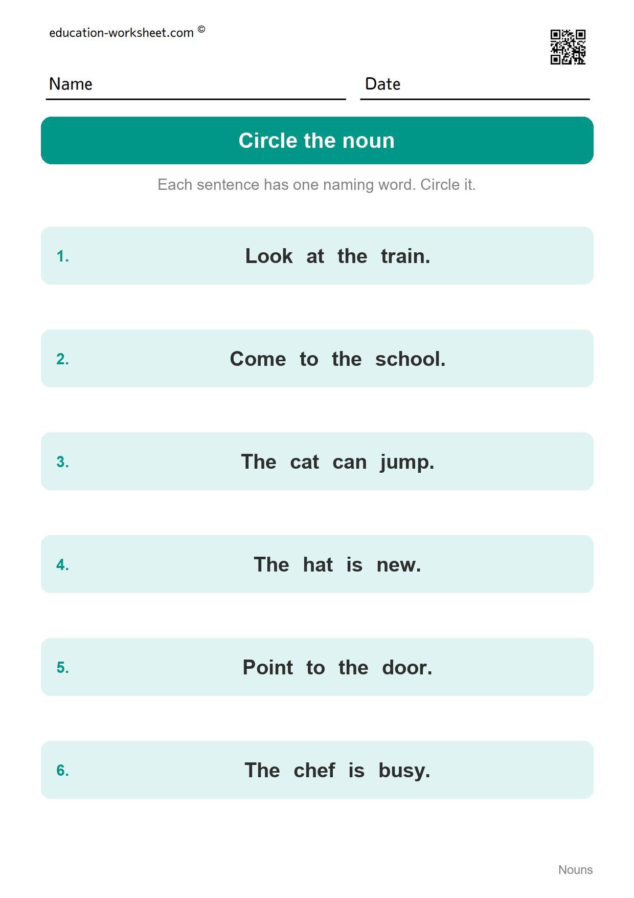Circle the noun in the sentence (Set 7) - Free Nouns Worksheets for Kindergarten - Person, Place or Thing