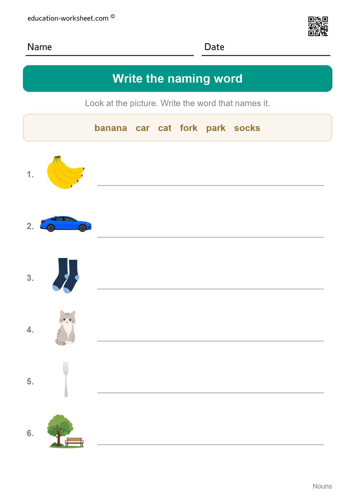 Write the naming word (Set 8) - Free Nouns Worksheets for Kindergarten - Person, Place or Thing