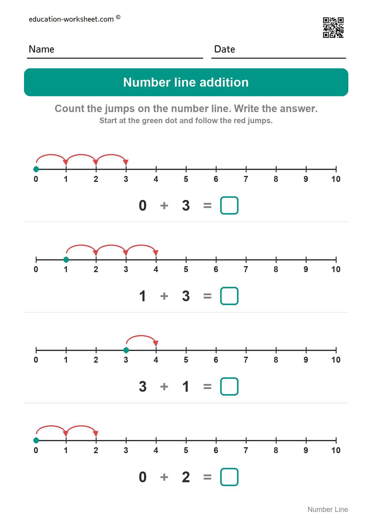 Number line addition (Set 1) - Free Number Line Addition Worksheets for Kindergarten - Add by Jumping