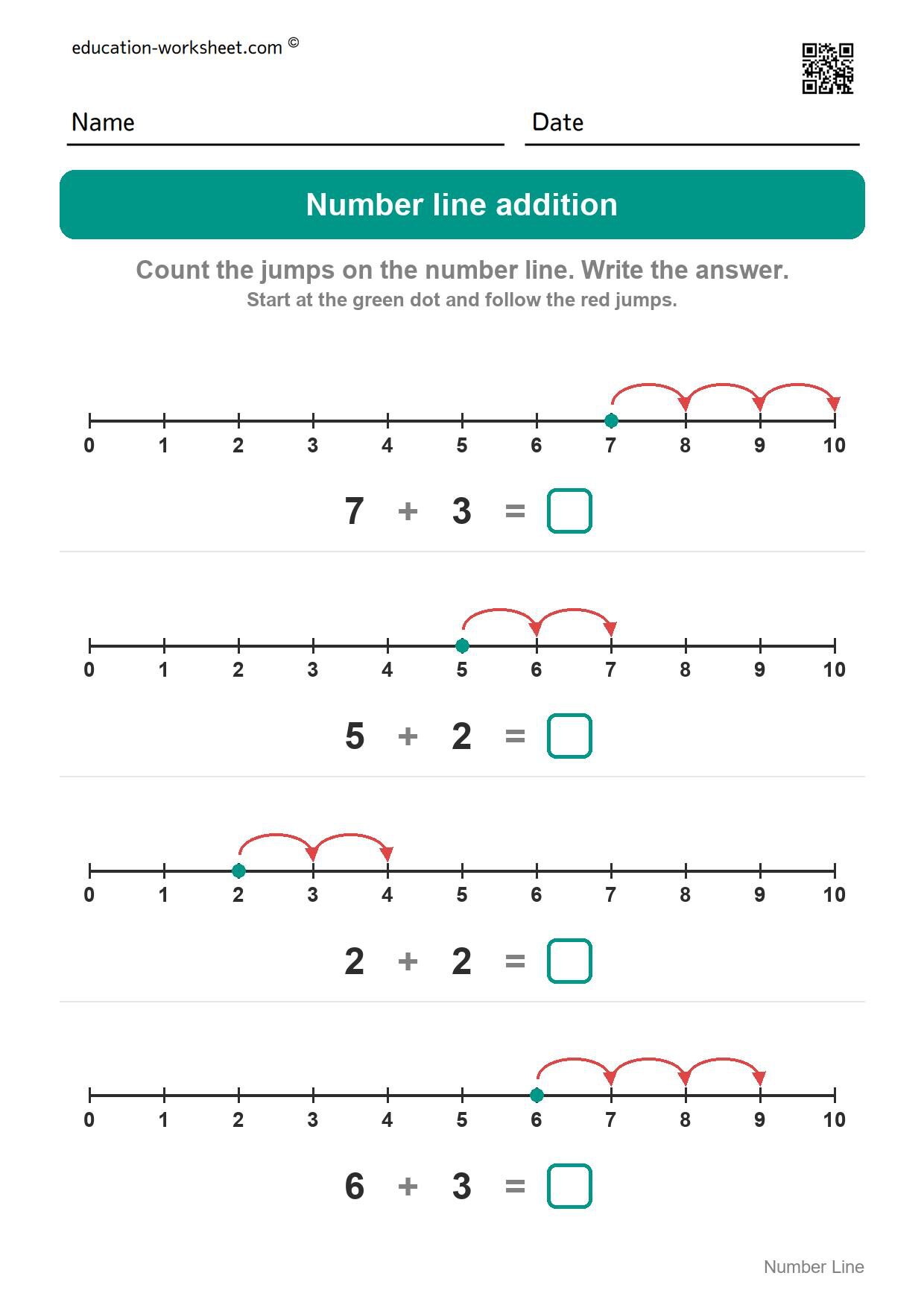 Number line addition (Set 10) - Free Number Line Addition Worksheets for Kindergarten - Add by Jumping