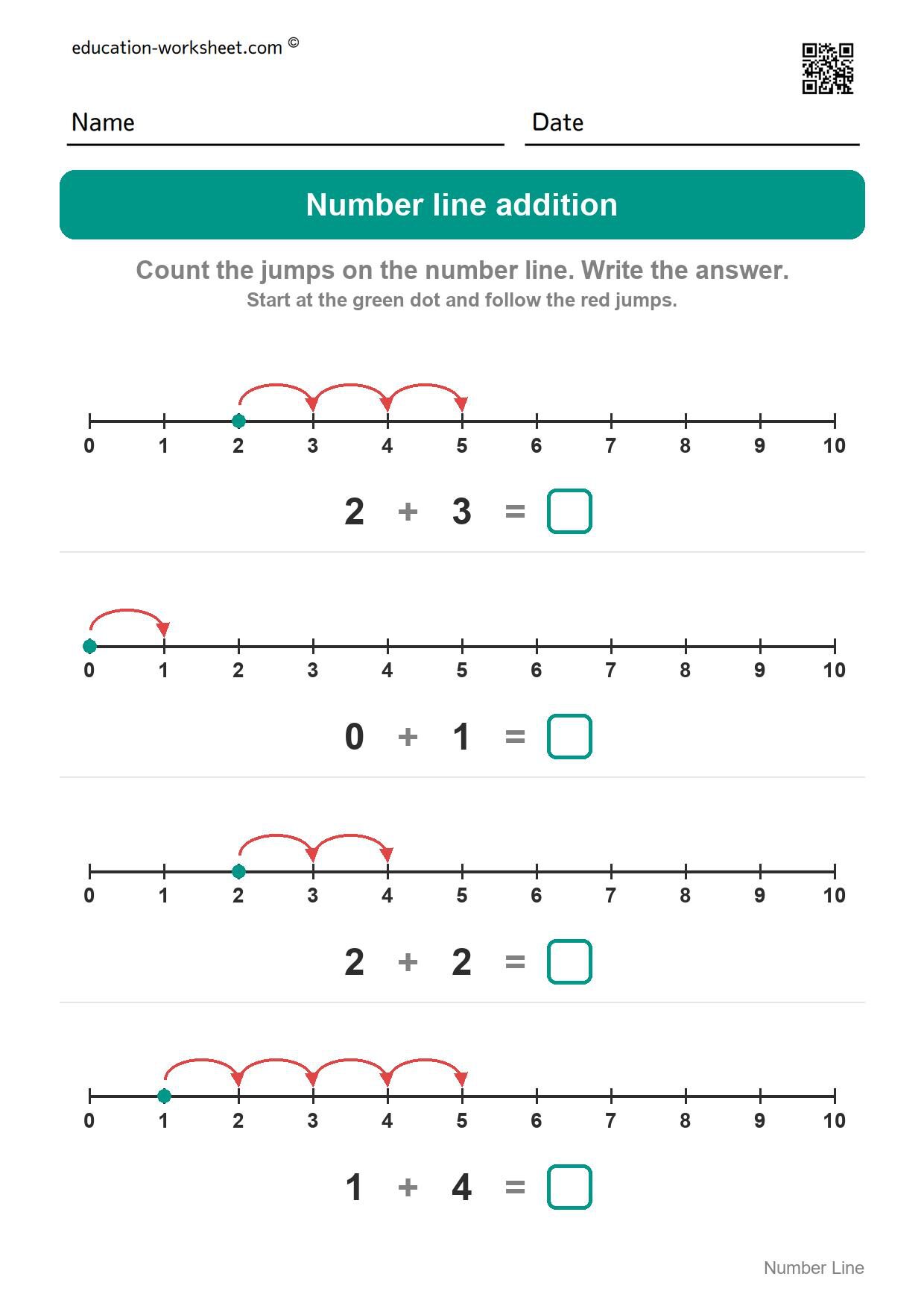 Number line addition (Set 2) - Free Number Line Addition Worksheets for Kindergarten - Add by Jumping