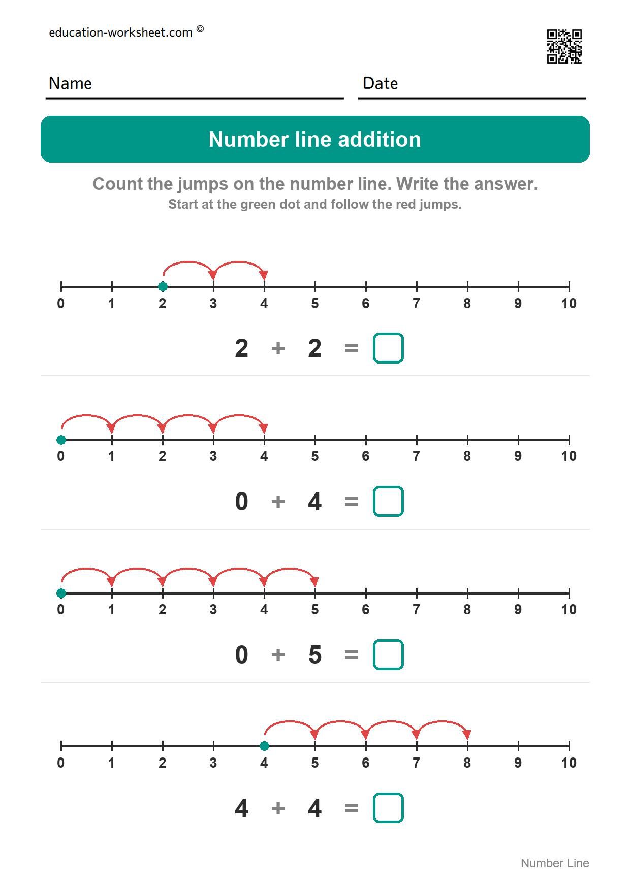 Number line addition (Set 3) - Free Number Line Addition Worksheets for Kindergarten - Add by Jumping