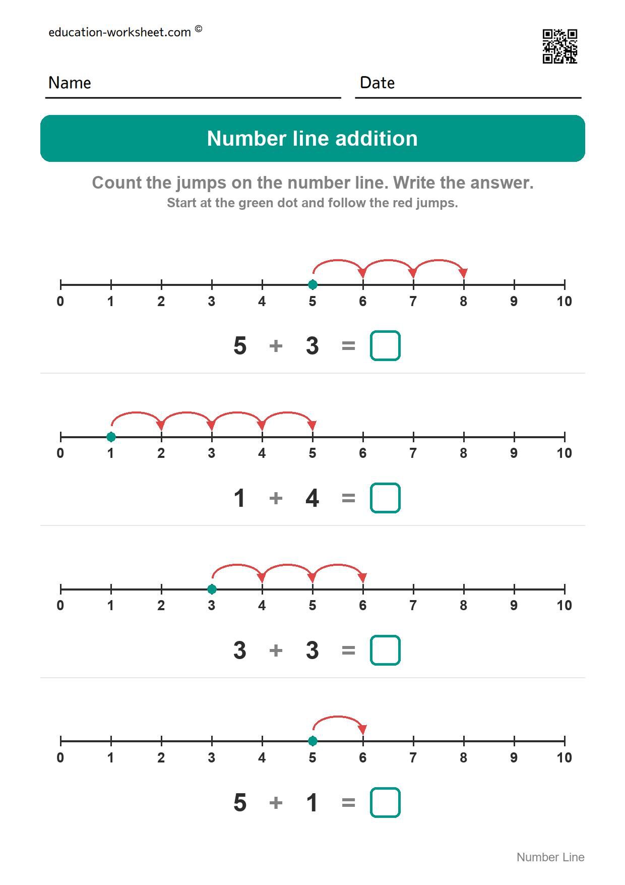 Number line addition (Set 4) - Free Number Line Addition Worksheets for Kindergarten - Add by Jumping
