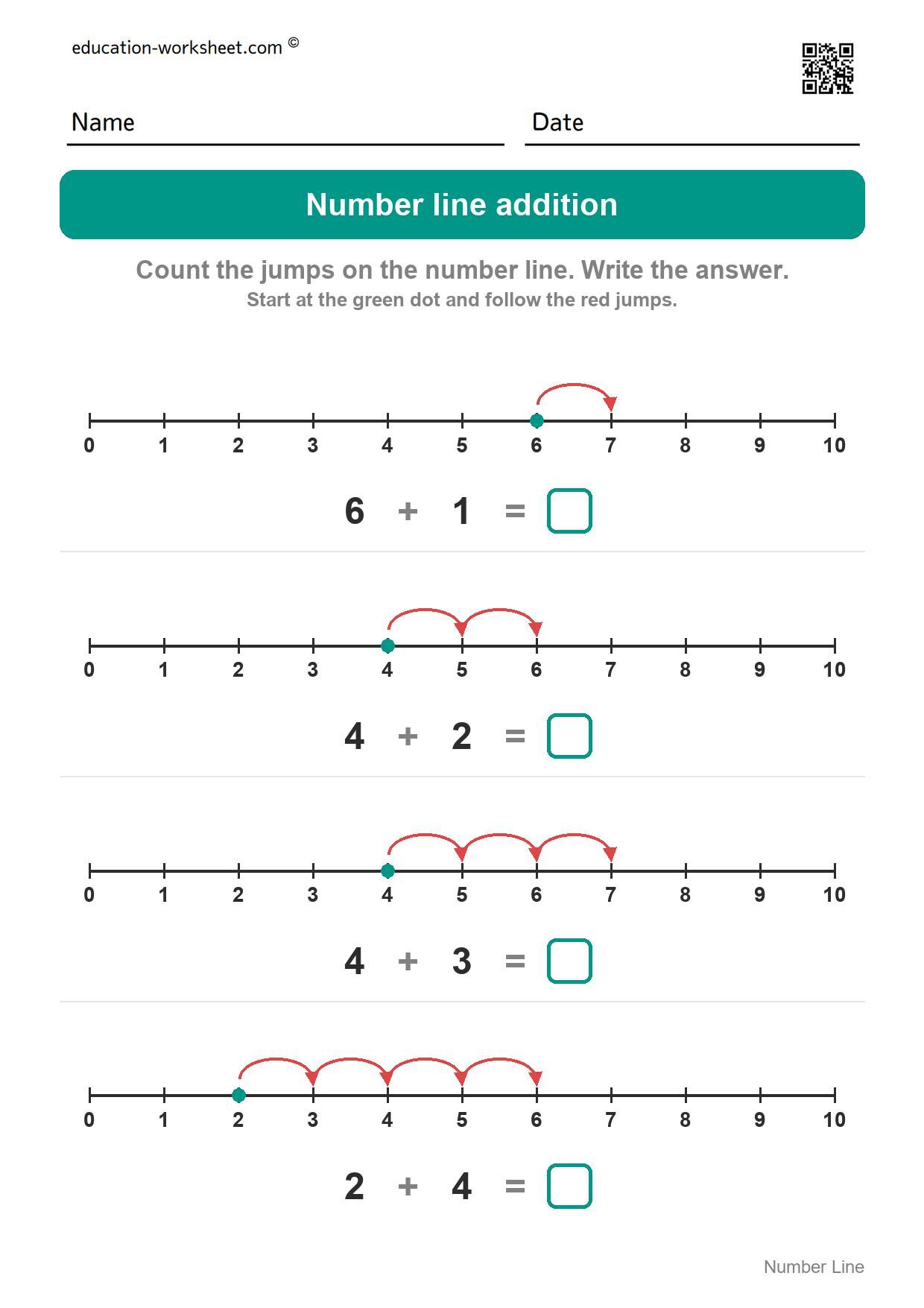 Number line addition (Set 5) - Free Number Line Addition Worksheets for Kindergarten - Add by Jumping