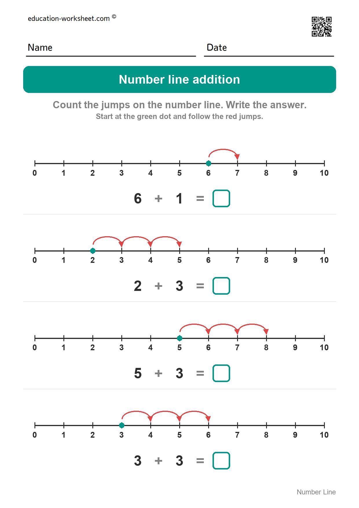 Number line addition (Set 6) - Free Number Line Addition Worksheets for Kindergarten - Add by Jumping
