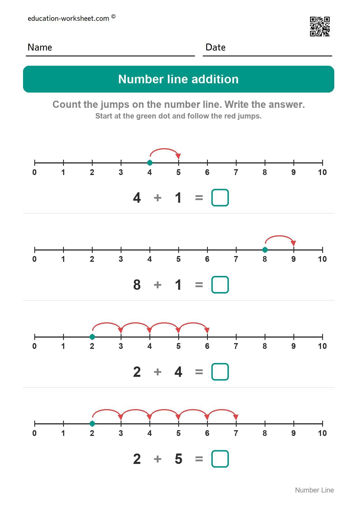 Number line addition (Set 7) - Free Number Line Addition Worksheets for Kindergarten - Add by Jumping