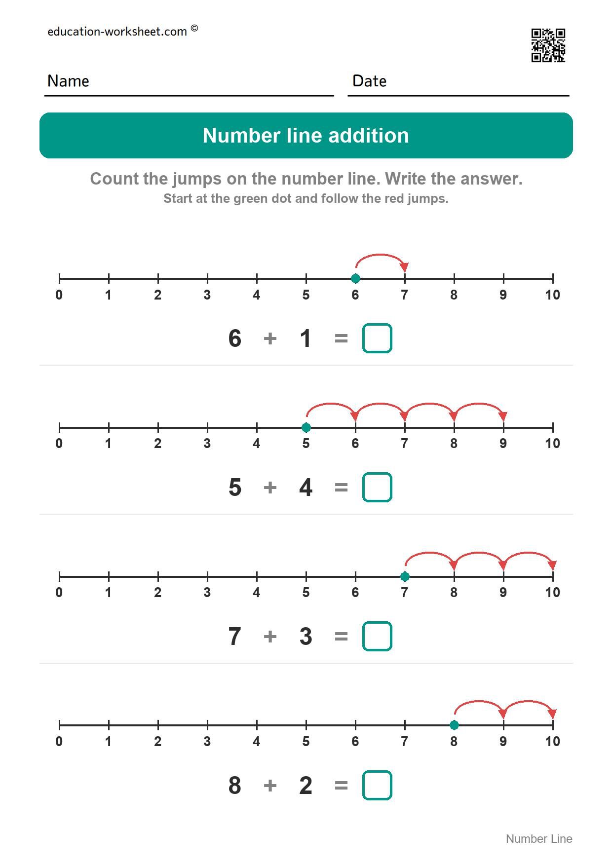 Number line addition (Set 8) - Free Number Line Addition Worksheets for Kindergarten - Add by Jumping