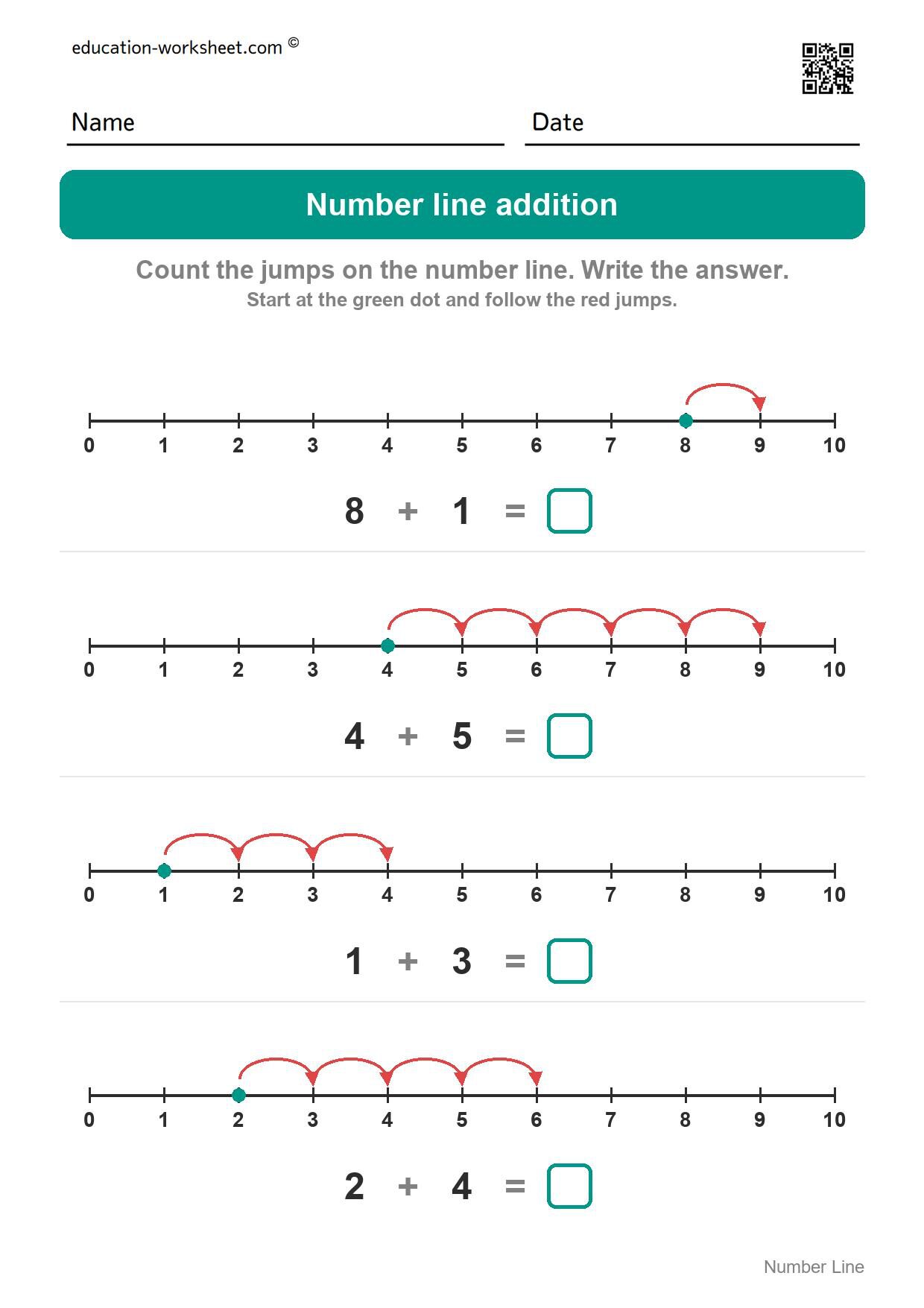 Number line addition (Set 9) - Free Number Line Addition Worksheets for Kindergarten - Add by Jumping