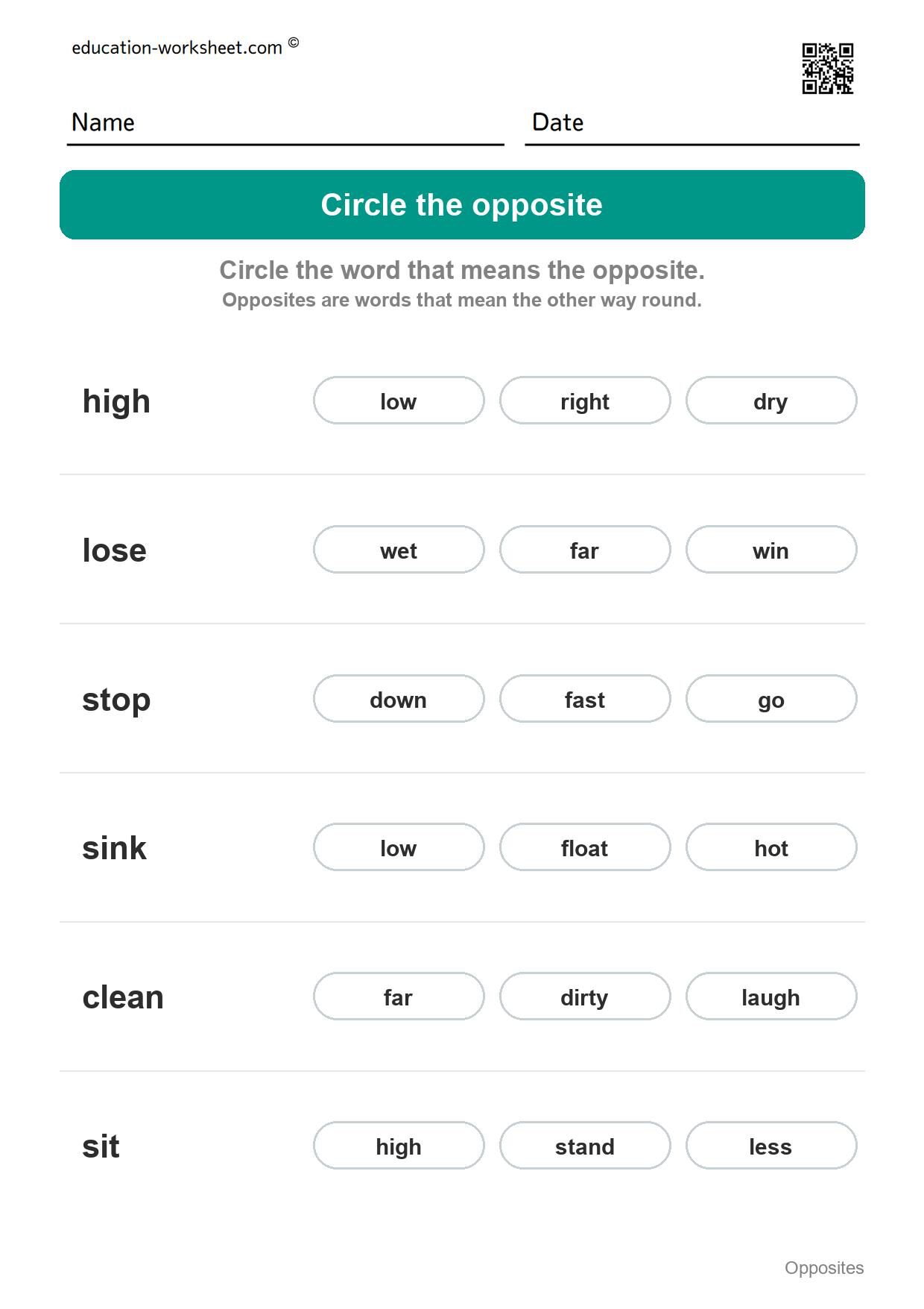 Circle the opposite (Set 1) - Free Opposites Worksheets for Kindergarten - Match the Opposite