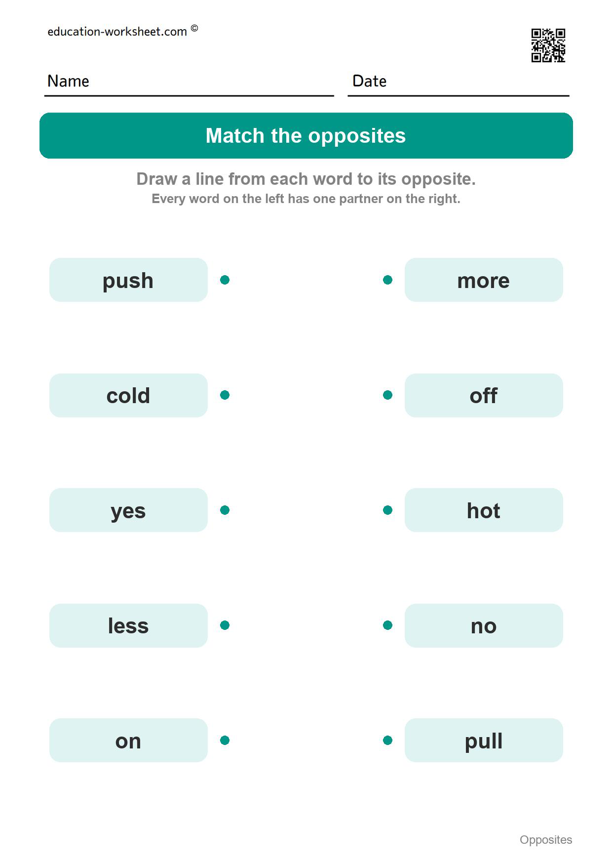 Match the opposites (Set 2) - Free Opposites Worksheets for Kindergarten - Match the Opposite